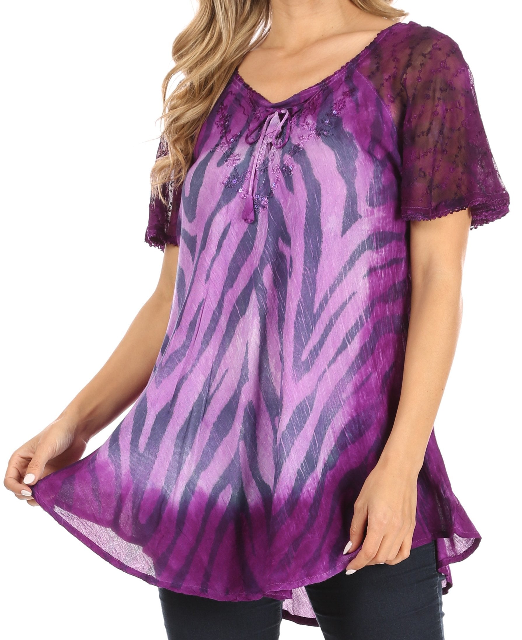 Sakkas Petra Women's Casual Loose Flared Corset Short Sleeve Lace Blouse Top Tunic - Concordia Style Boutique