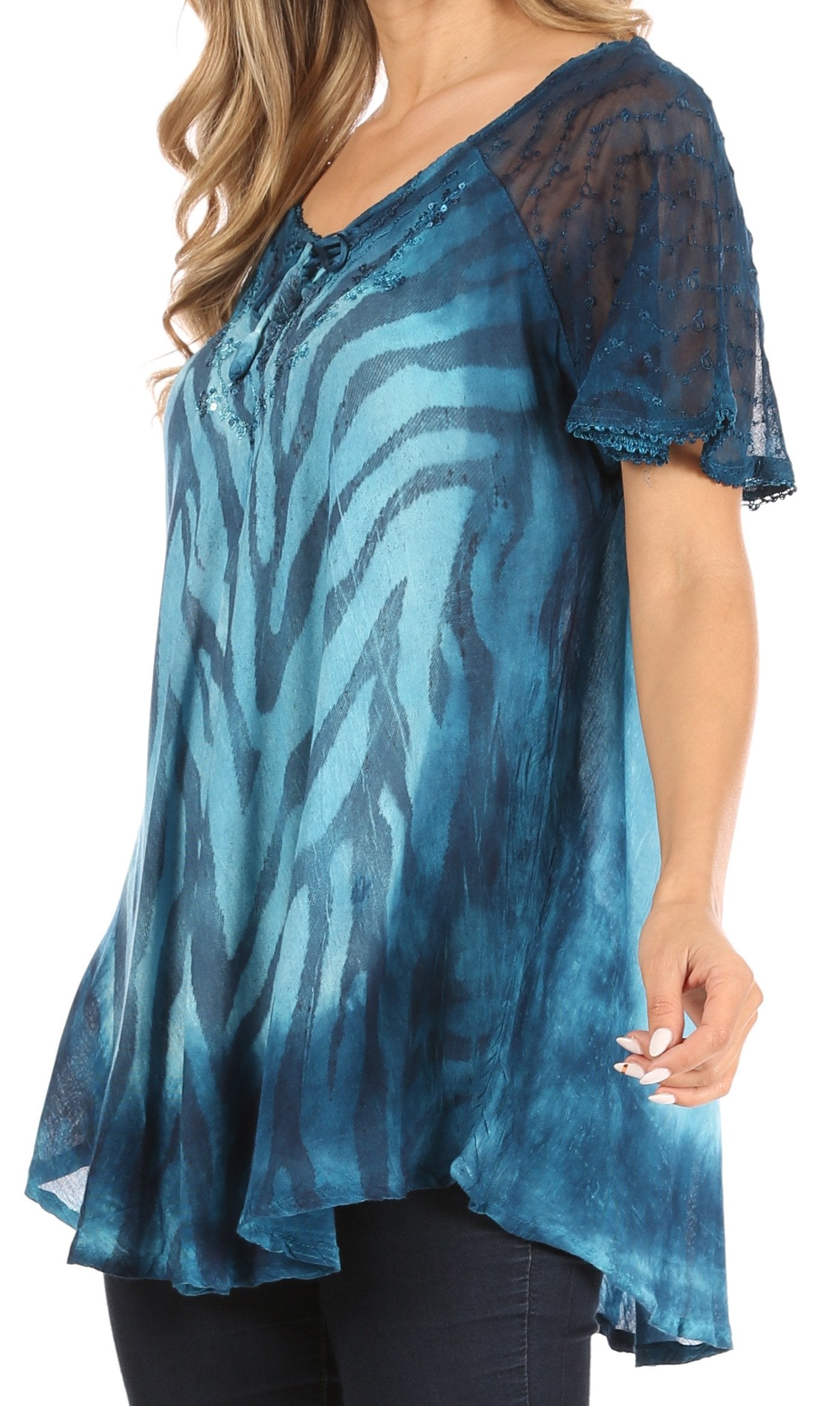 Sakkas Petra Women's Casual Loose Flared Corset Short Sleeve Lace Blouse Top Tunic - Concordia Style Boutique