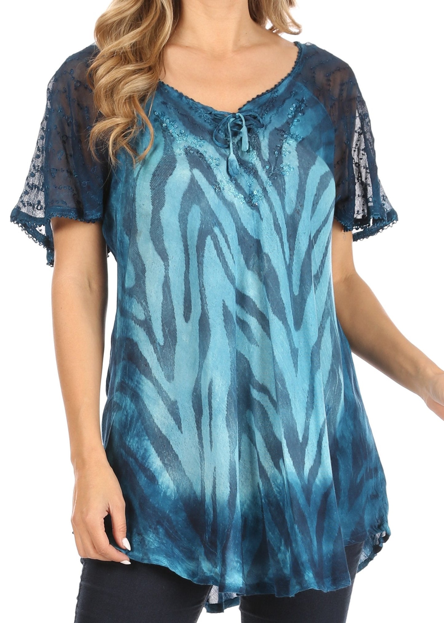 Sakkas Petra Women's Casual Loose Flared Corset Short Sleeve Lace Blouse Top Tunic - Concordia Style Boutique