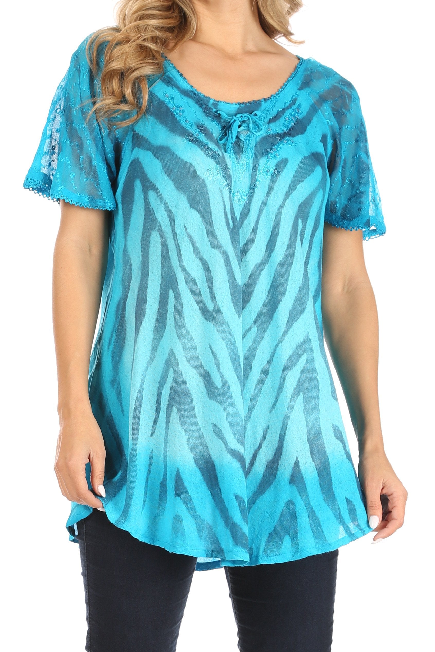 Sakkas Petra Women's Casual Loose Flared Corset Short Sleeve Lace Blouse Top Tunic - Concordia Style Boutique
