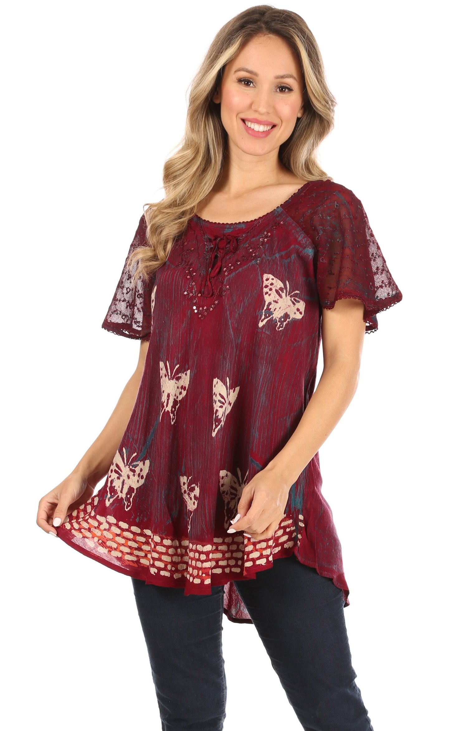 Sakkas Petra Women's Casual Loose Flared Corset Short Sleeve Lace Blouse Top Tunic - Concordia Style Boutique