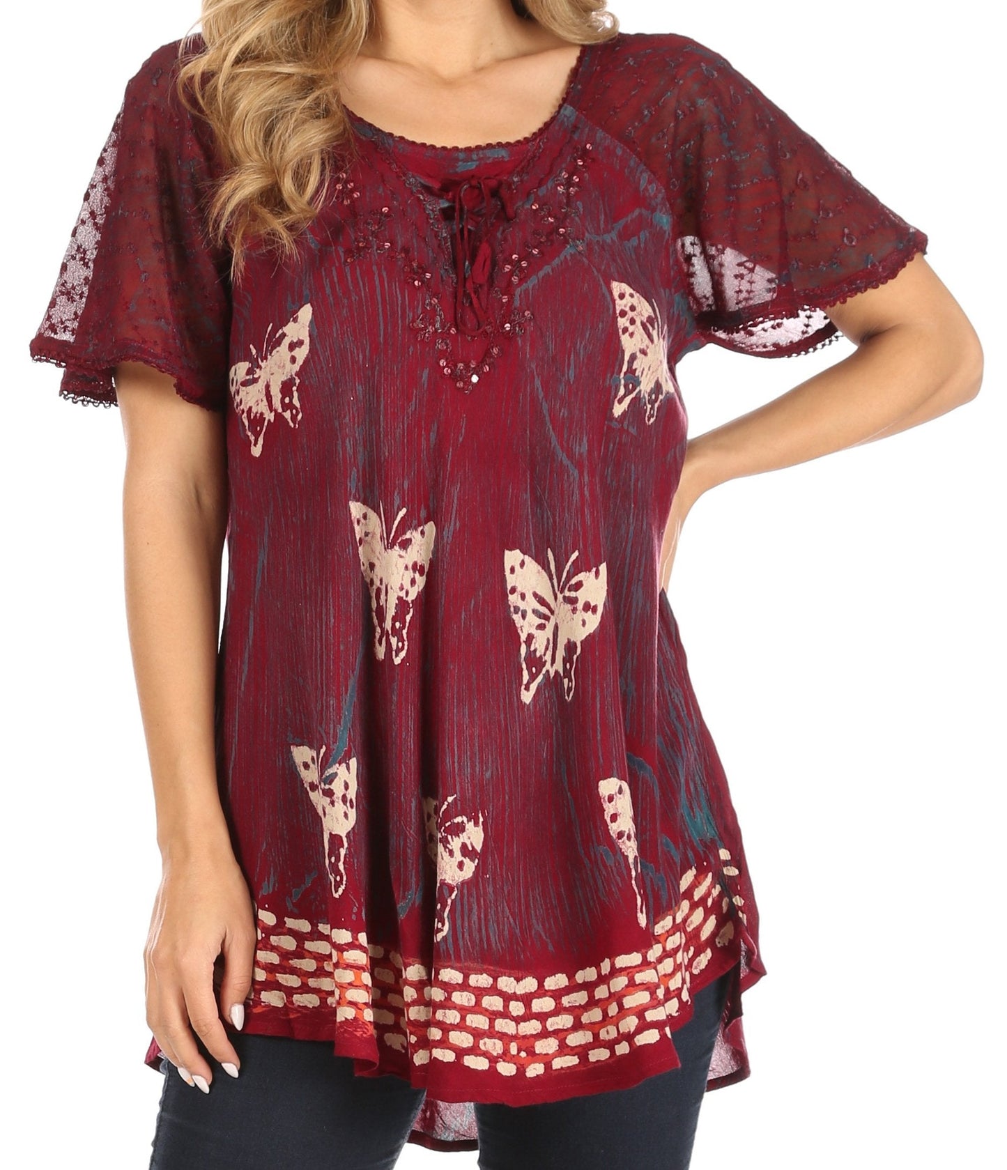 Sakkas Petra Women's Casual Loose Flared Corset Short Sleeve Lace Blouse Top Tunic - Concordia Style Boutique