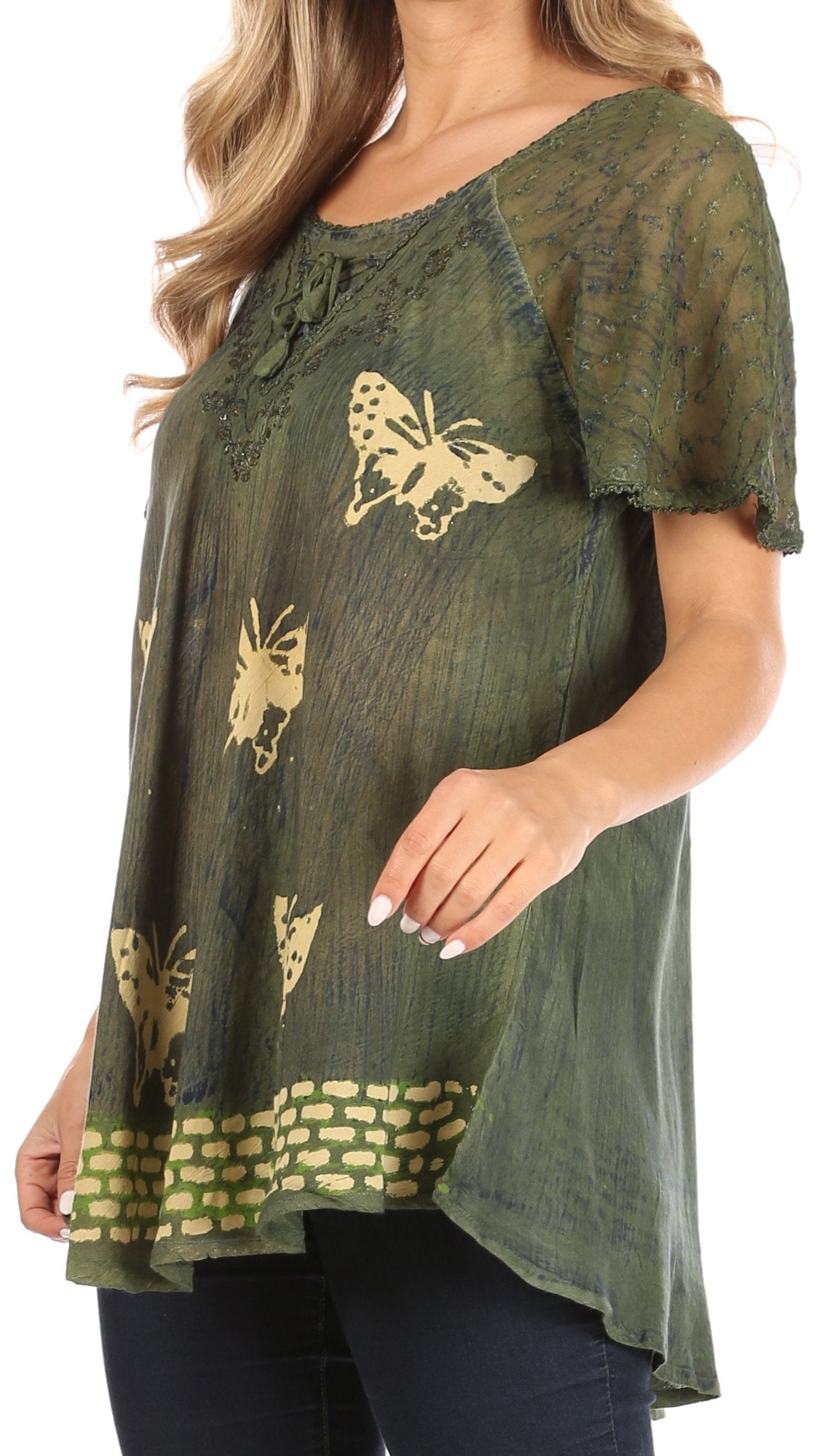 Sakkas Petra Women's Casual Loose Flared Corset Short Sleeve Lace Blouse Top Tunic - Concordia Style Boutique
