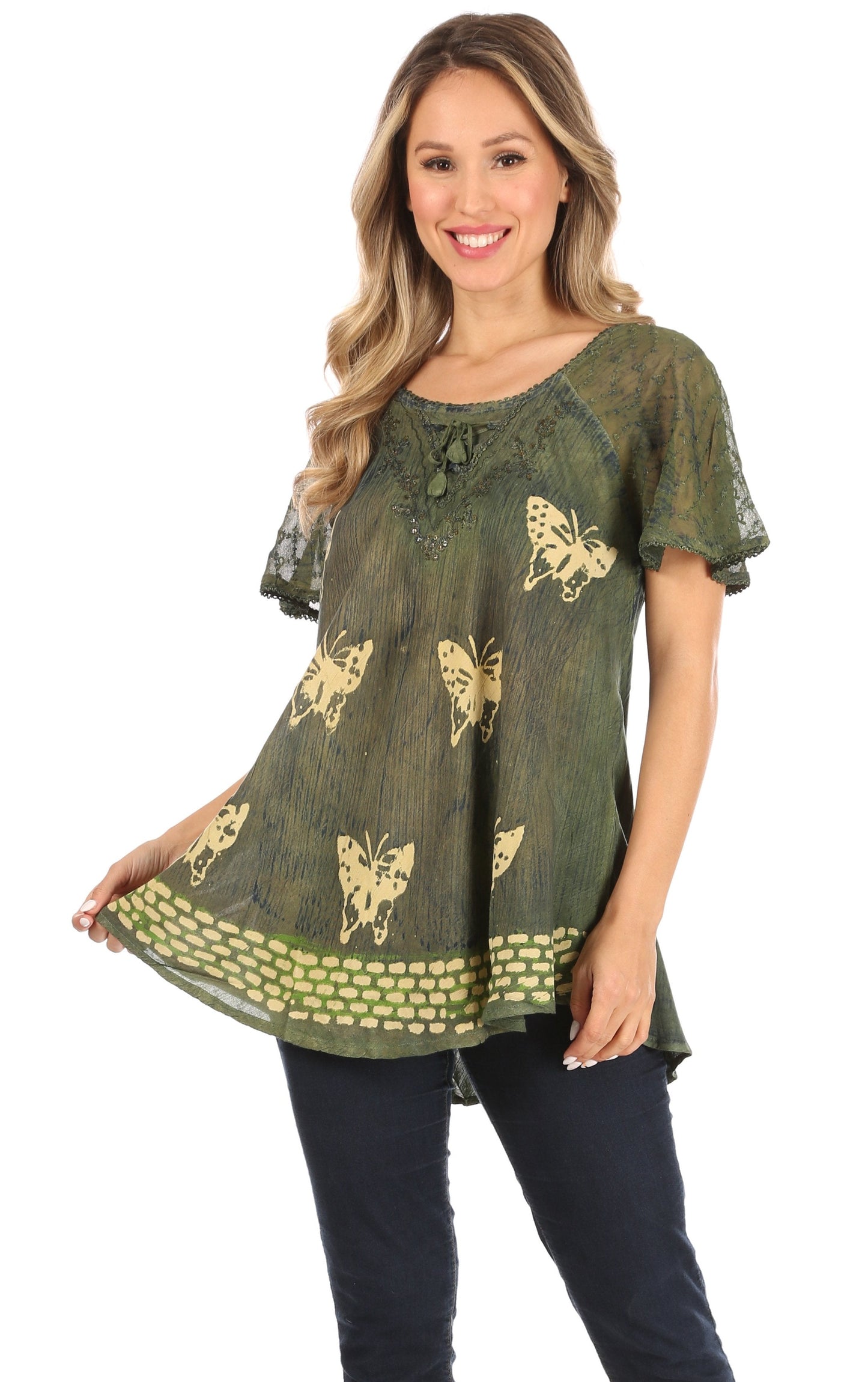 Sakkas Petra Women's Casual Loose Flared Corset Short Sleeve Lace Blouse Top Tunic - Concordia Style Boutique