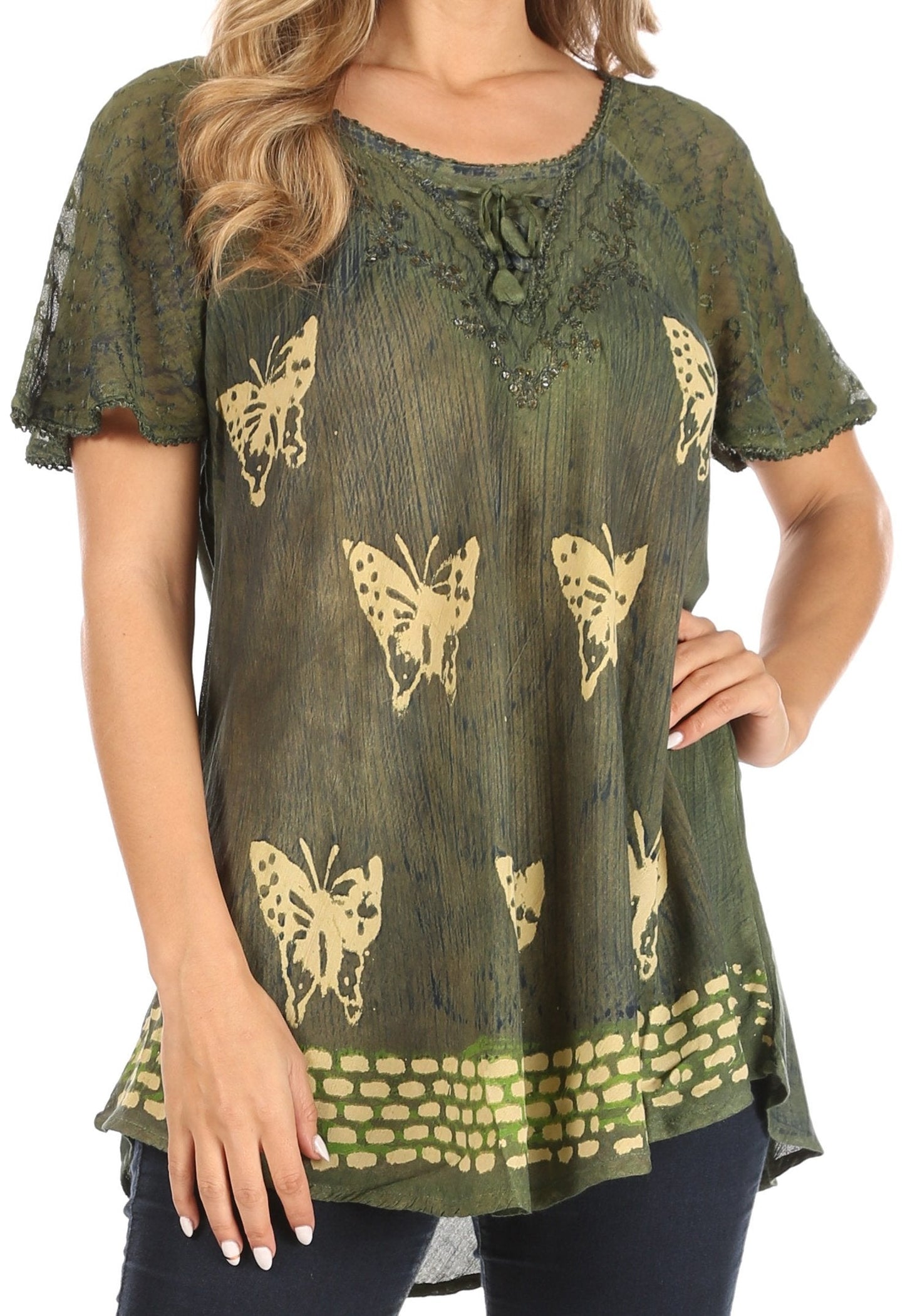 Sakkas Petra Women's Casual Loose Flared Corset Short Sleeve Lace Blouse Top Tunic - Concordia Style Boutique