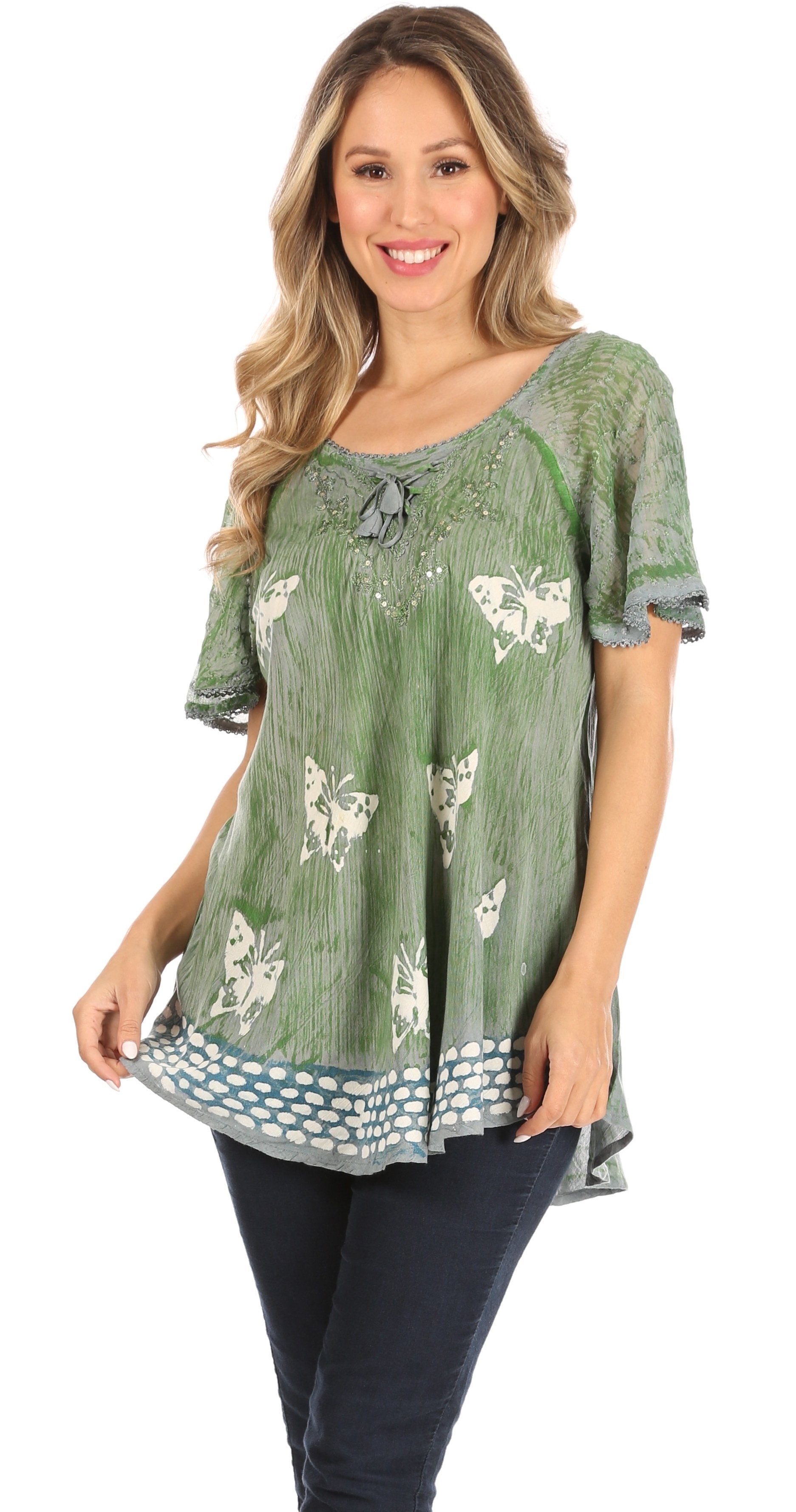 Sakkas Petra Women's Casual Loose Flared Corset Short Sleeve Lace Blouse Top Tunic - Concordia Style Boutique