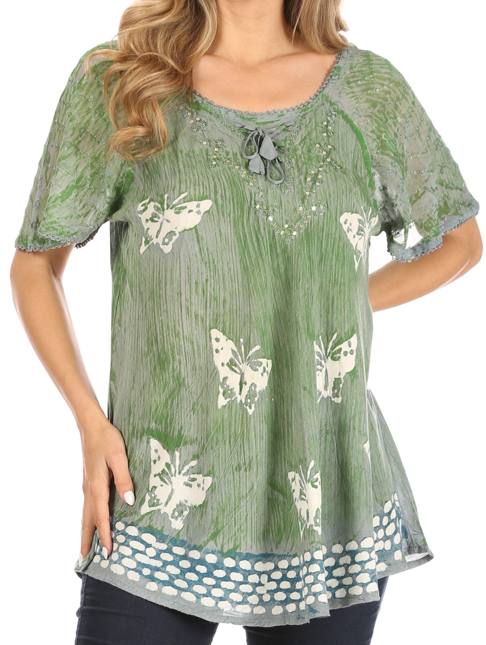 Sakkas Petra Women's Casual Loose Flared Corset Short Sleeve Lace Blouse Top Tunic - Concordia Style Boutique