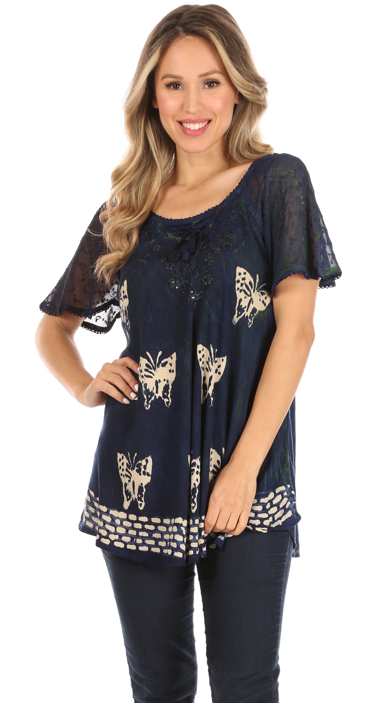 Sakkas Petra Women's Casual Loose Flared Corset Short Sleeve Lace Blouse Top Tunic - Concordia Style Boutique