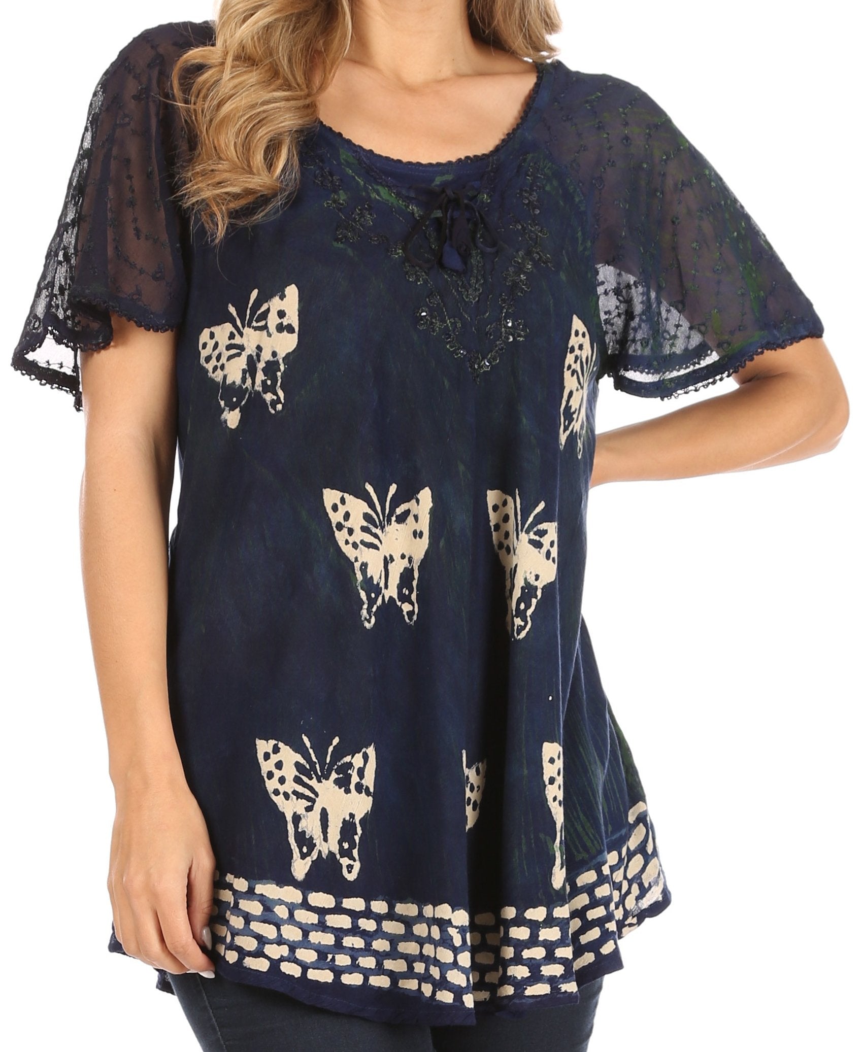 Sakkas Petra Women's Casual Loose Flared Corset Short Sleeve Lace Blouse Top Tunic - Concordia Style Boutique
