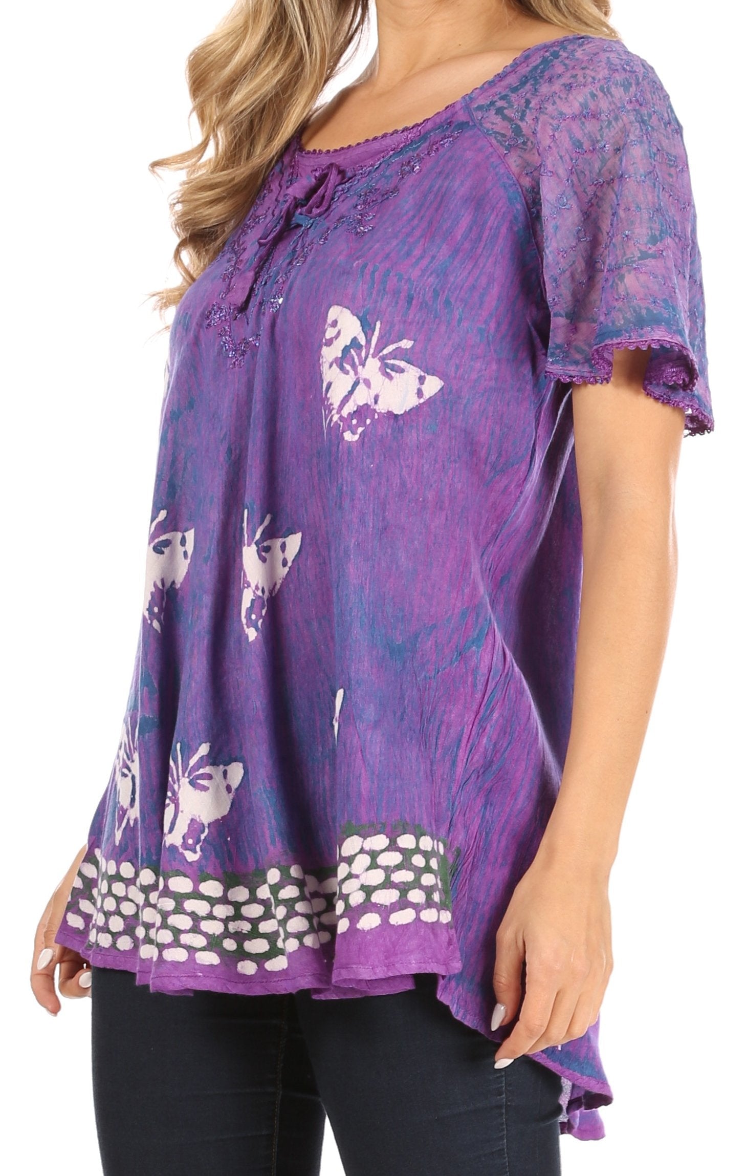 Sakkas Petra Women's Casual Loose Flared Corset Short Sleeve Lace Blouse Top Tunic - Concordia Style Boutique