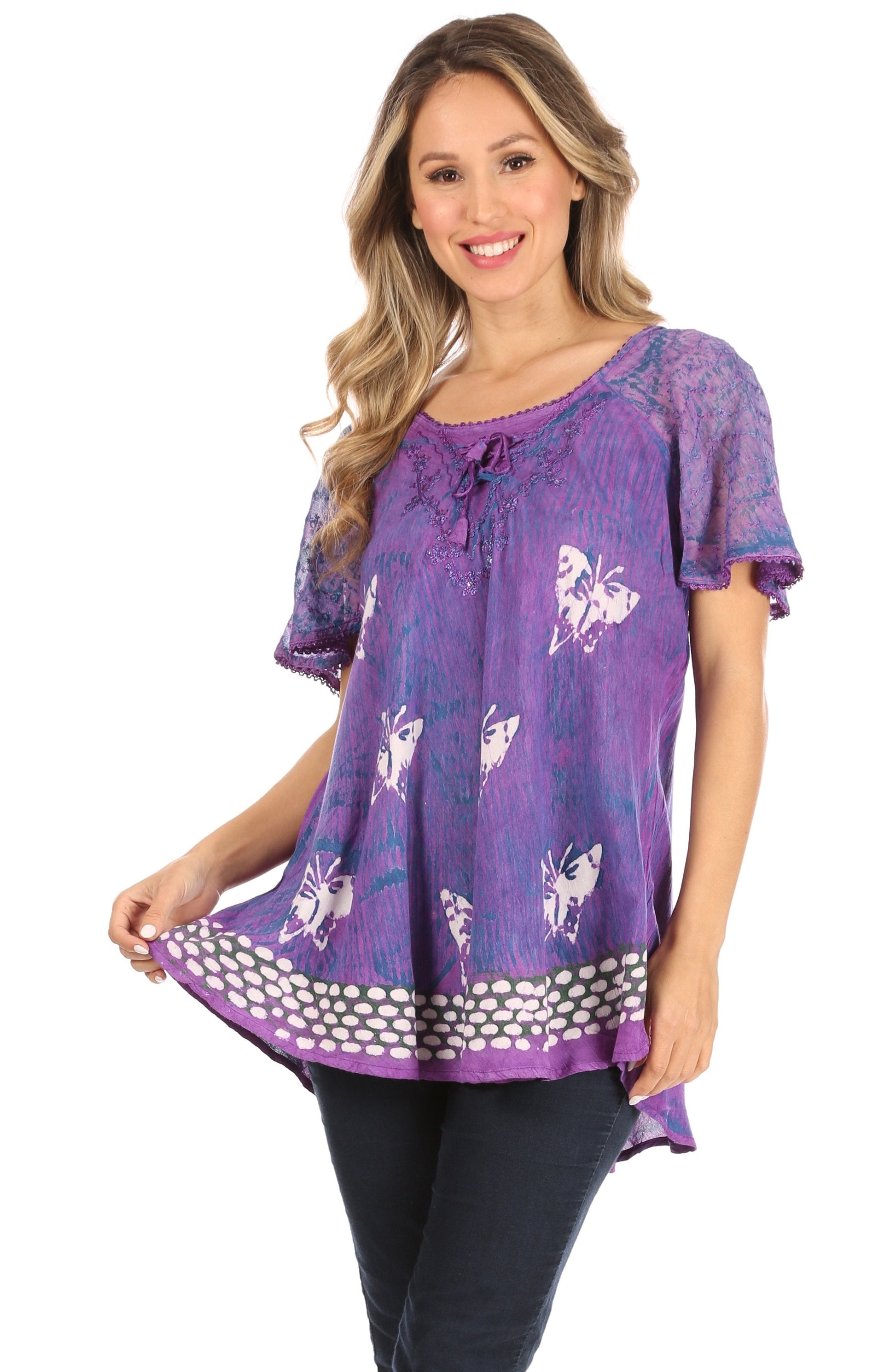 Sakkas Petra Women's Casual Loose Flared Corset Short Sleeve Lace Blouse Top Tunic - Concordia Style Boutique