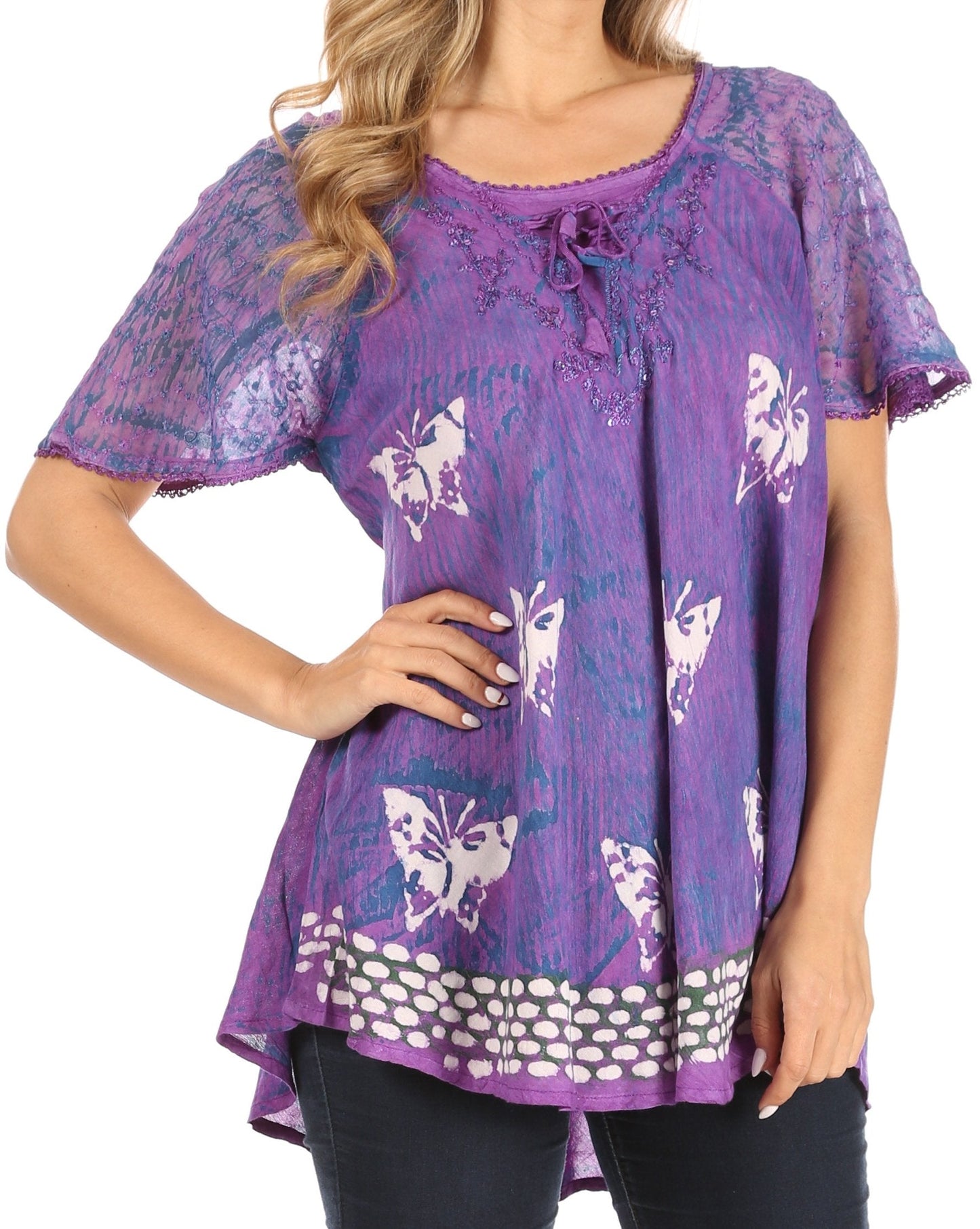 Sakkas Petra Women's Casual Loose Flared Corset Short Sleeve Lace Blouse Top Tunic - Concordia Style Boutique