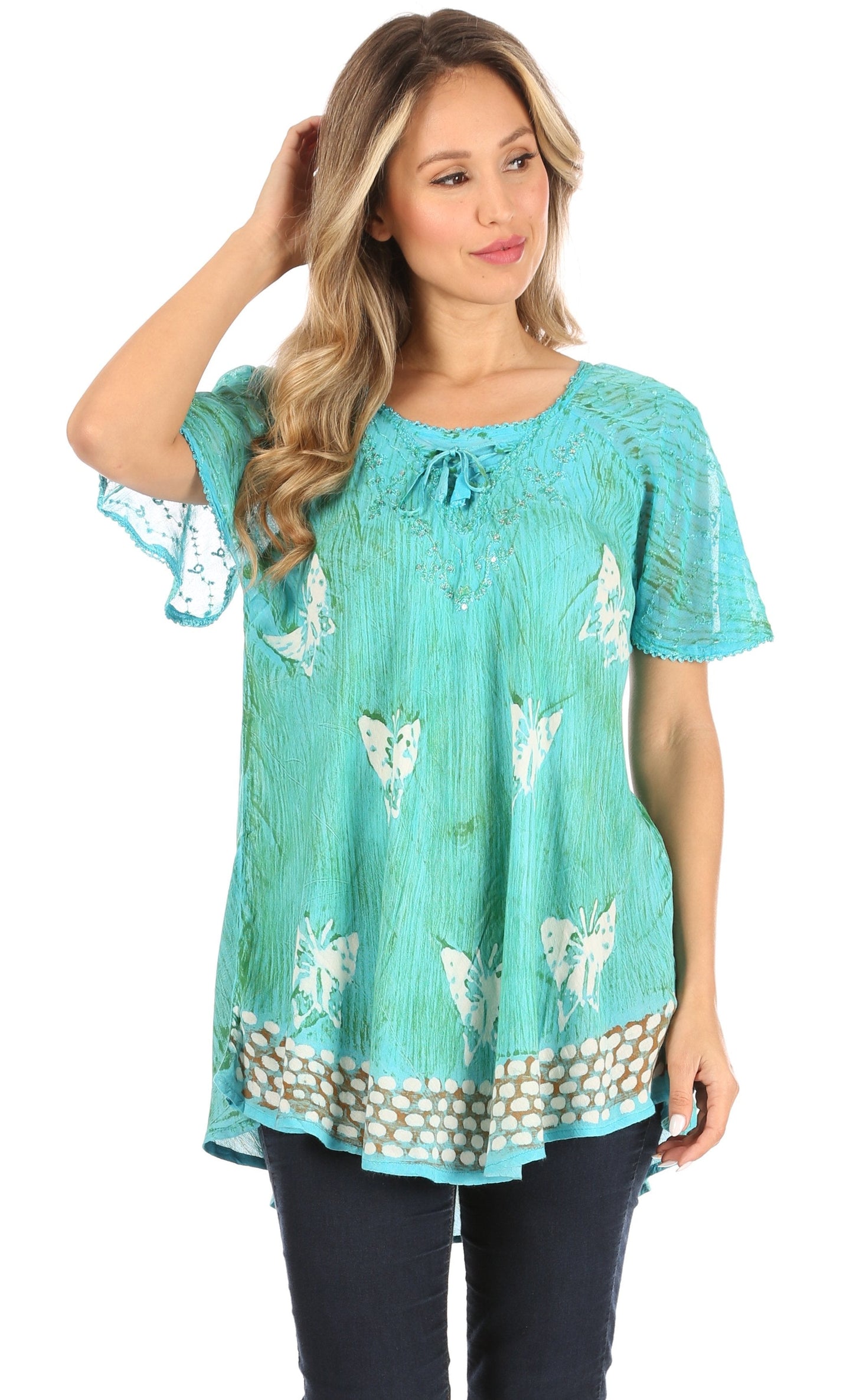 Sakkas Petra Women's Casual Loose Flared Corset Short Sleeve Lace Blouse Top Tunic - Concordia Style Boutique