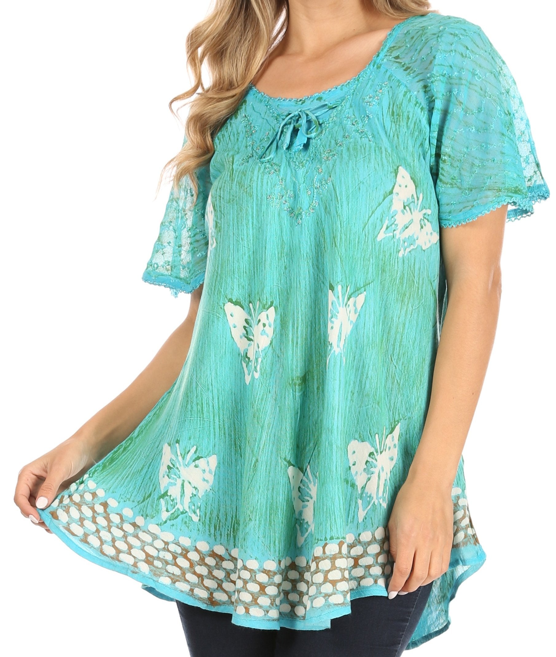 Sakkas Petra Women's Casual Loose Flared Corset Short Sleeve Lace Blouse Top Tunic - Concordia Style Boutique