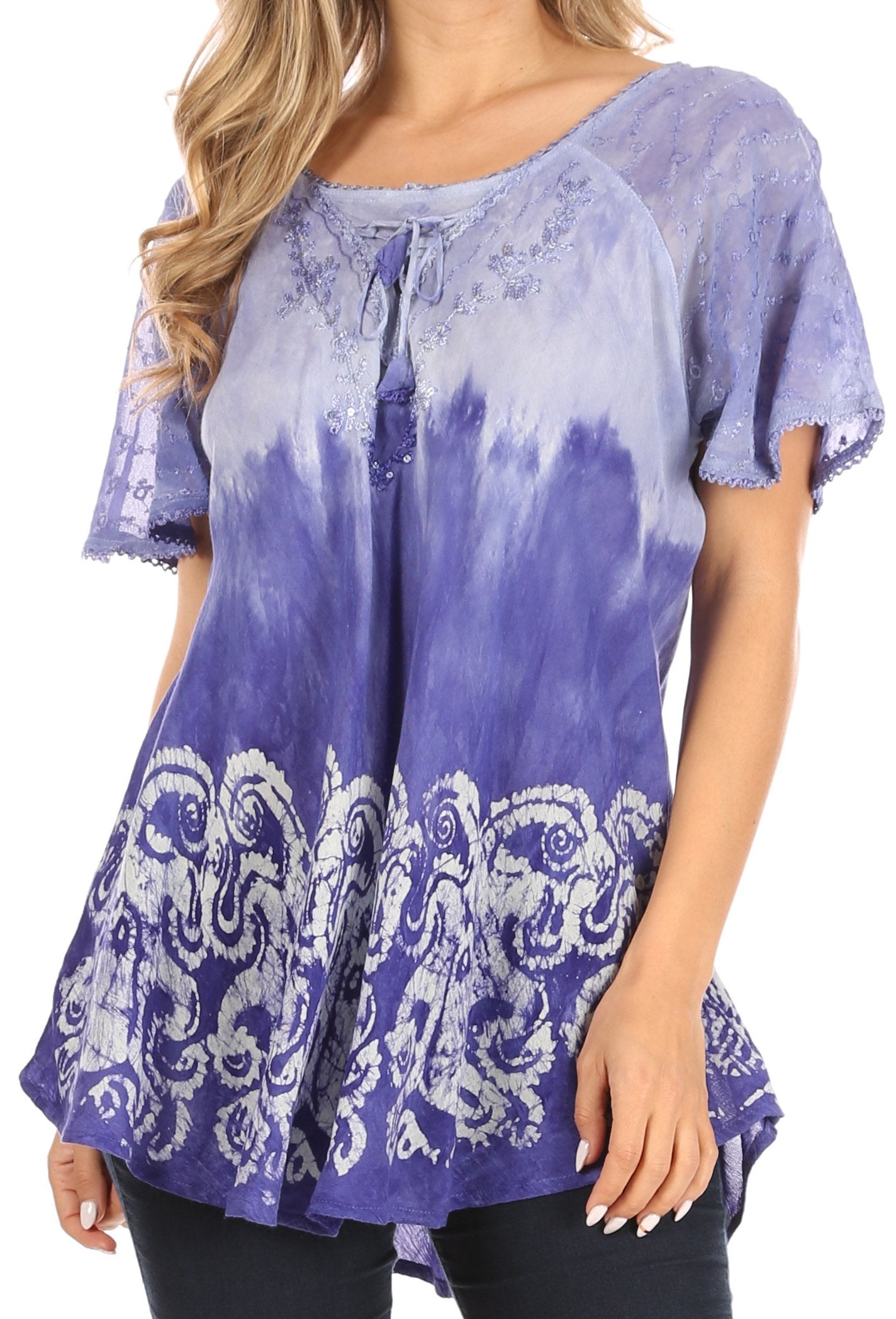 Sakkas Petra Women's Casual Loose Flared Corset Short Sleeve Lace Blouse Top Tunic - Concordia Style Boutique