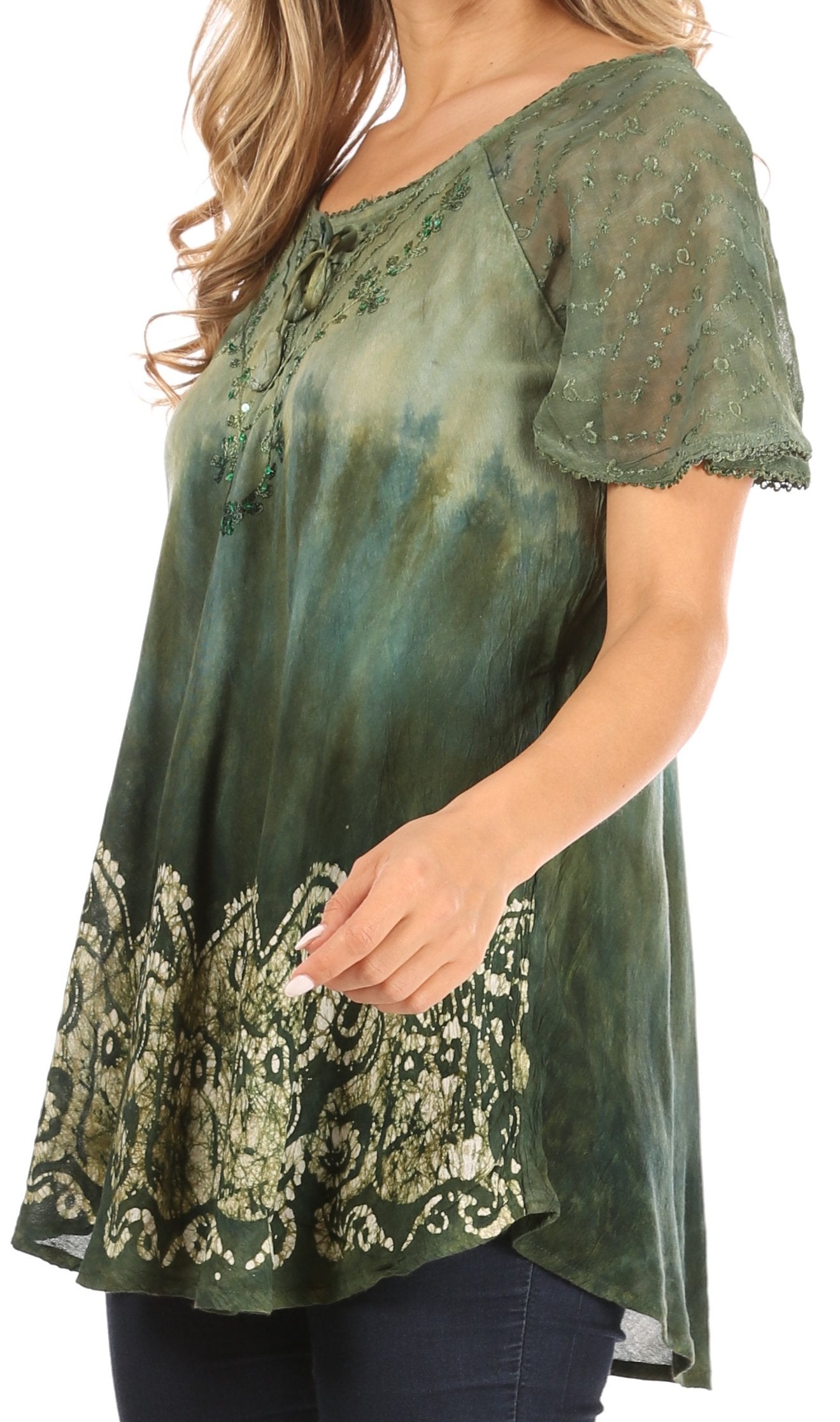 Sakkas Petra Women's Casual Loose Flared Corset Short Sleeve Lace Blouse Top Tunic - Concordia Style Boutique