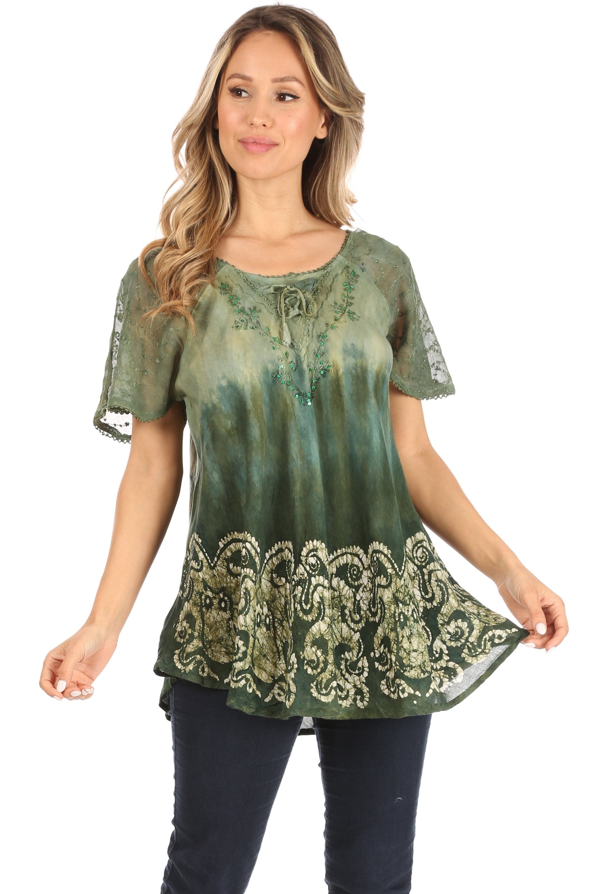 Sakkas Petra Women's Casual Loose Flared Corset Short Sleeve Lace Blouse Top Tunic - Concordia Style Boutique