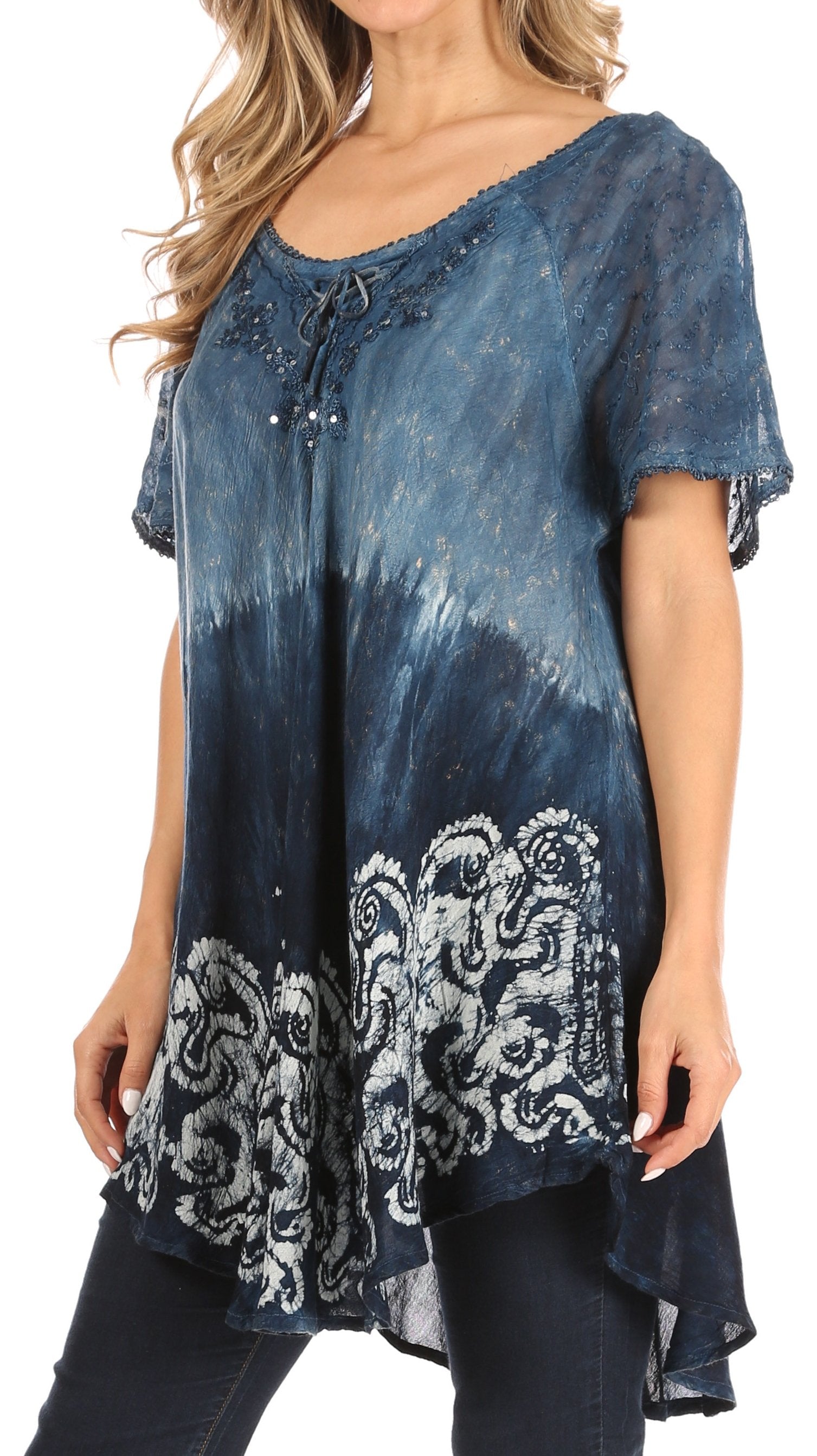 Sakkas Petra Women's Casual Loose Flared Corset Short Sleeve Lace Blouse Top Tunic - Concordia Style Boutique