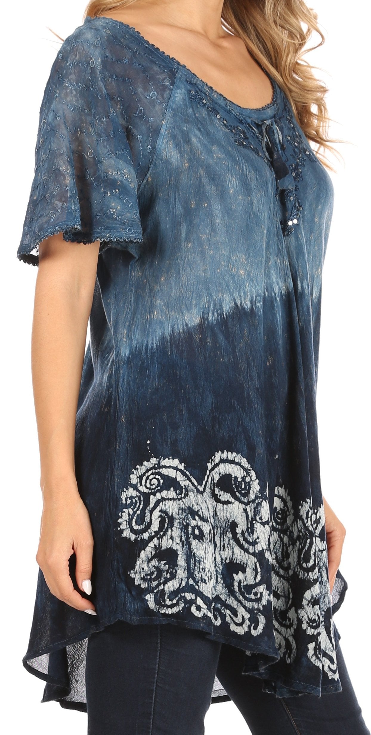 Sakkas Petra Women's Casual Loose Flared Corset Short Sleeve Lace Blouse Top Tunic - Concordia Style Boutique