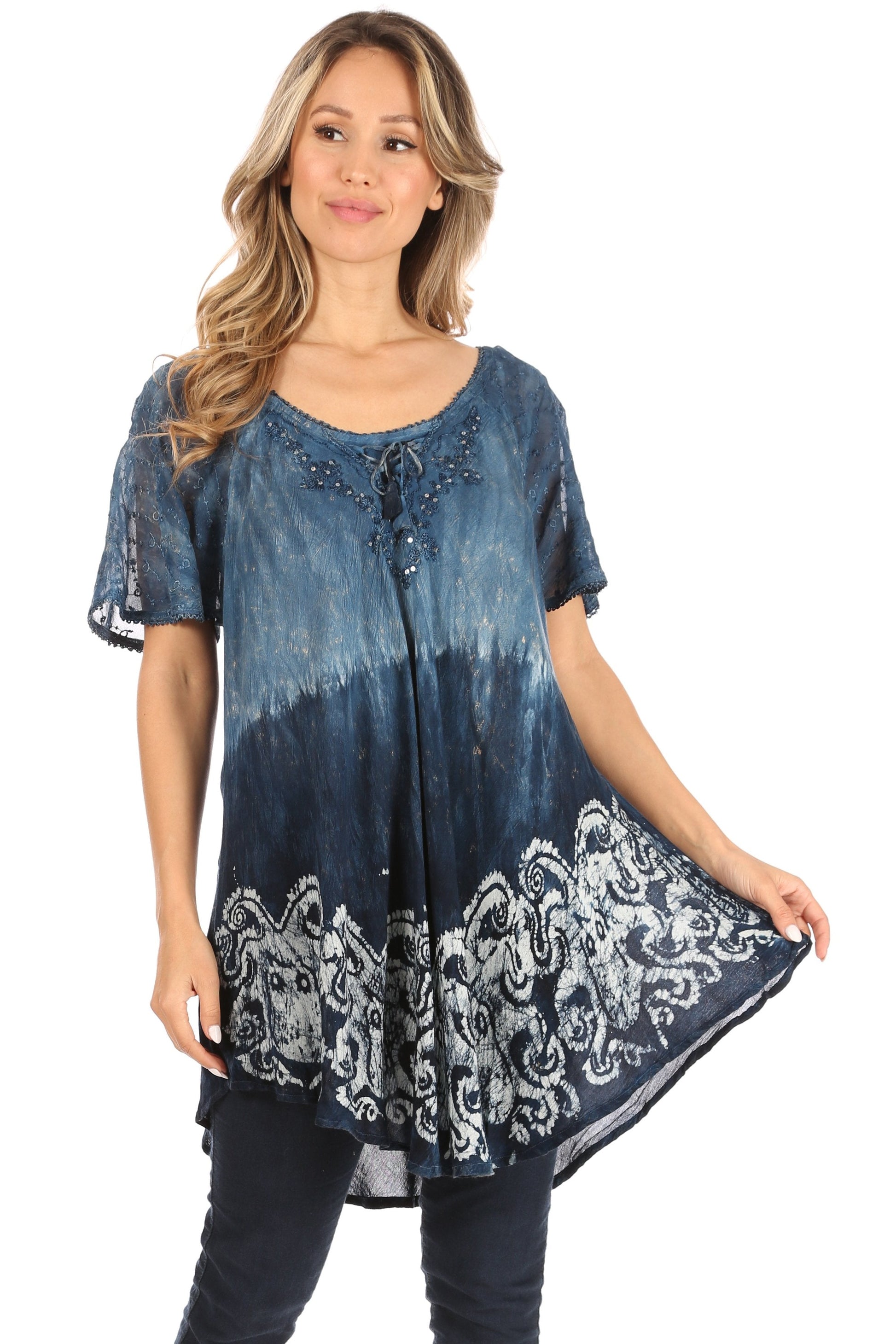 Sakkas Petra Women's Casual Loose Flared Corset Short Sleeve Lace Blouse Top Tunic - Concordia Style Boutique