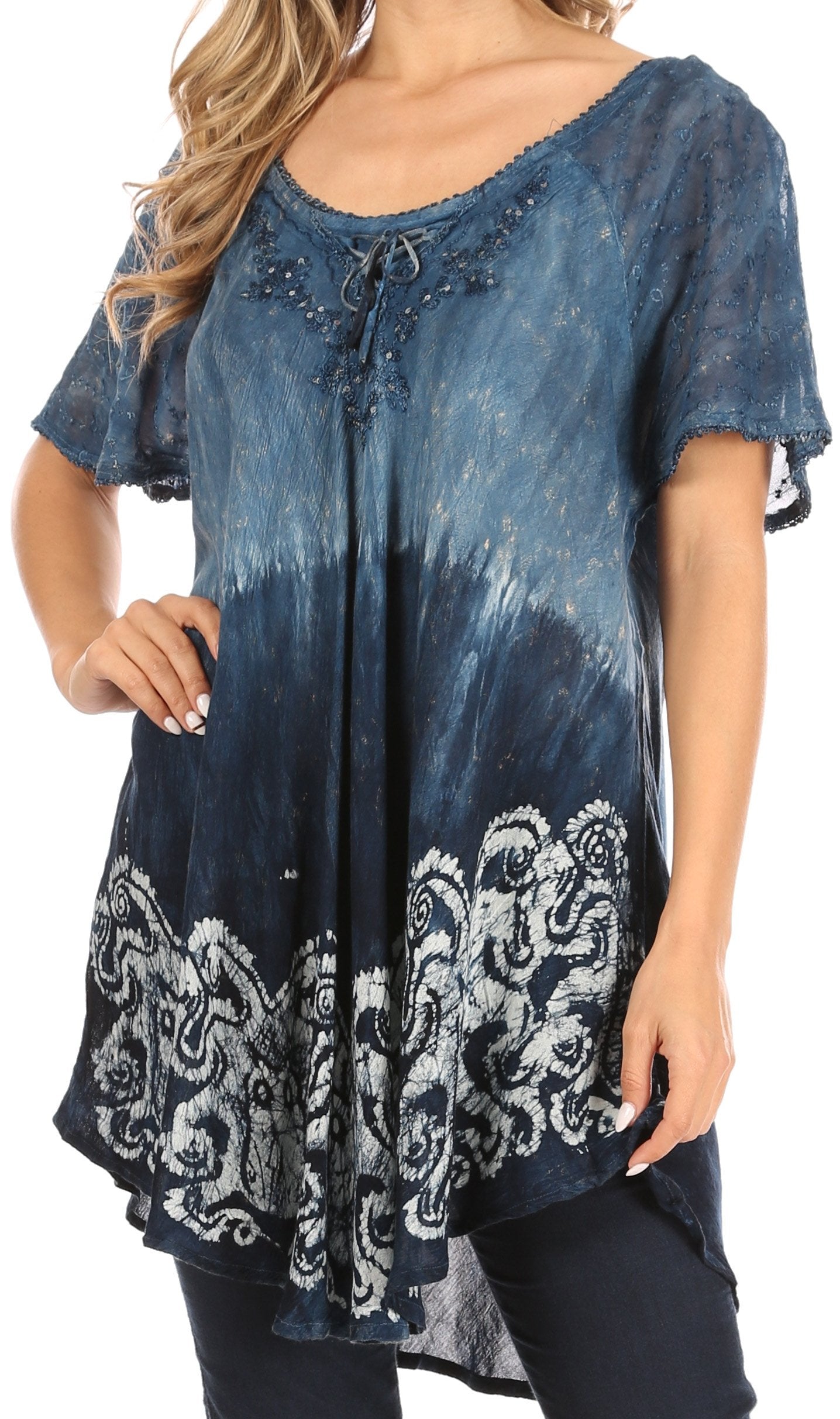 Sakkas Petra Women's Casual Loose Flared Corset Short Sleeve Lace Blouse Top Tunic - Concordia Style Boutique