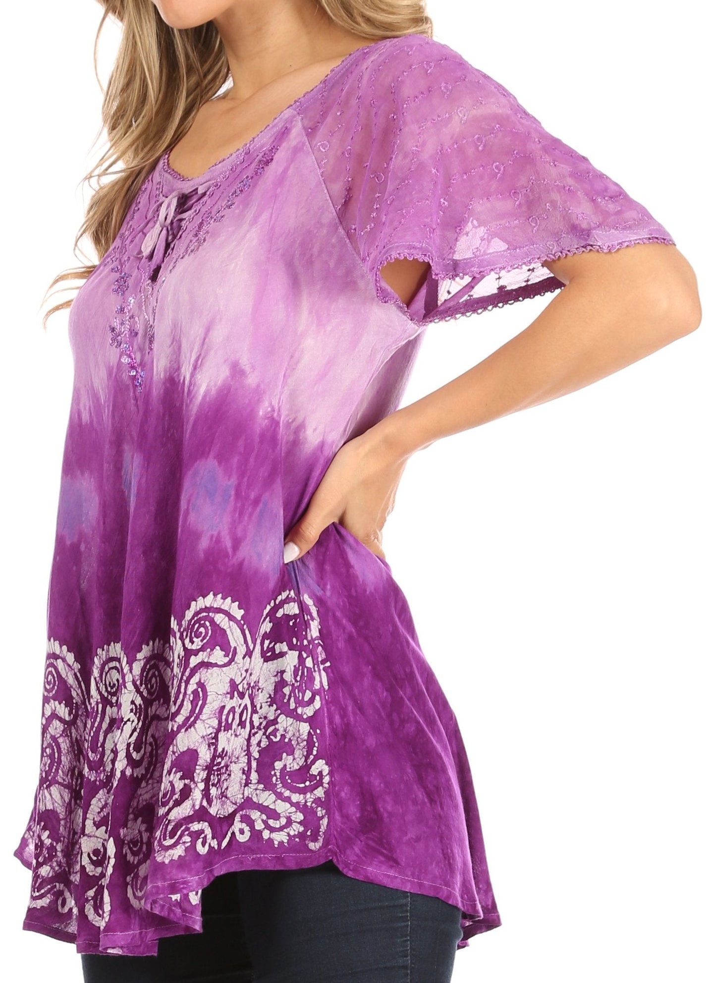 Sakkas Petra Women's Casual Loose Flared Corset Short Sleeve Lace Blouse Top Tunic - Concordia Style Boutique