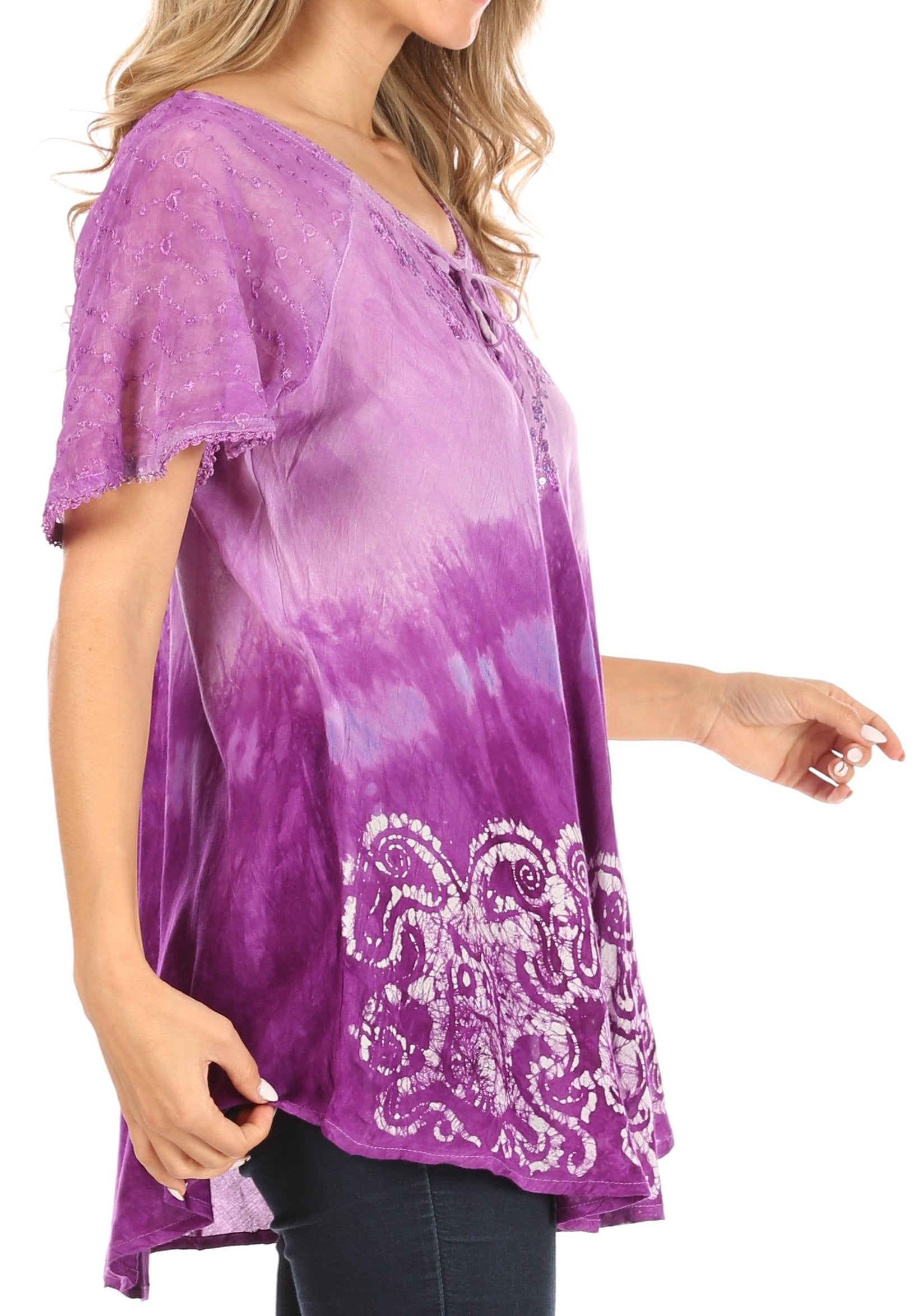 Sakkas Petra Women's Casual Loose Flared Corset Short Sleeve Lace Blouse Top Tunic - Concordia Style Boutique