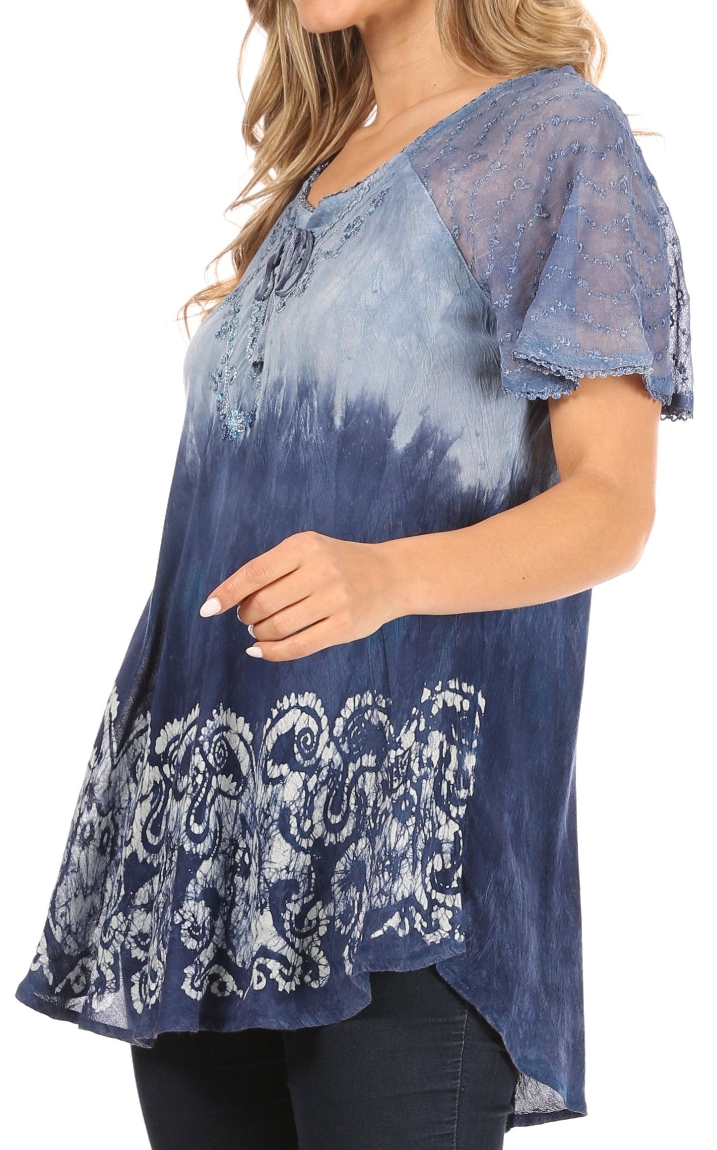Sakkas Petra Women's Casual Loose Flared Corset Short Sleeve Lace Blouse Top Tunic - Concordia Style Boutique