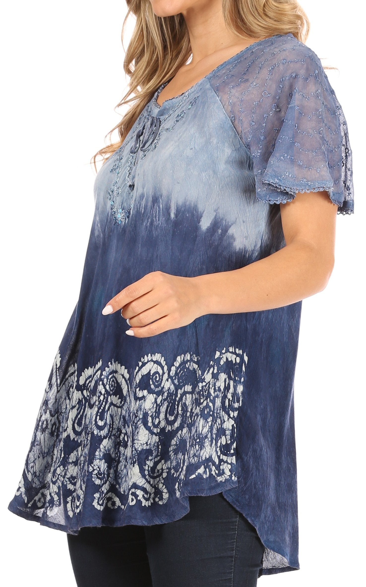 Sakkas Petra Women's Casual Loose Flared Corset Short Sleeve Lace Blouse Top Tunic - Concordia Style Boutique