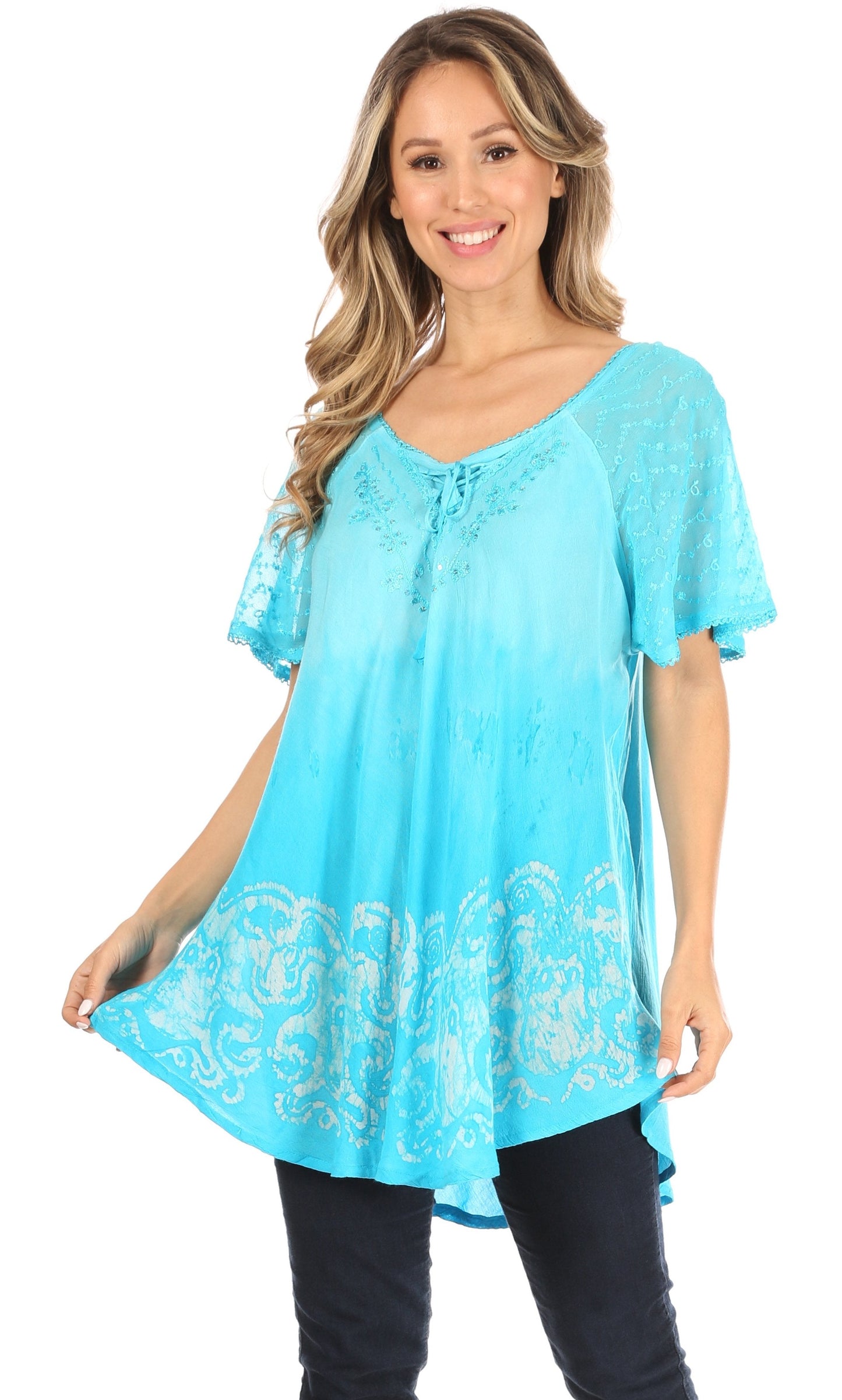 Sakkas Petra Women's Casual Loose Flared Corset Short Sleeve Lace Blouse Top Tunic - Concordia Style Boutique