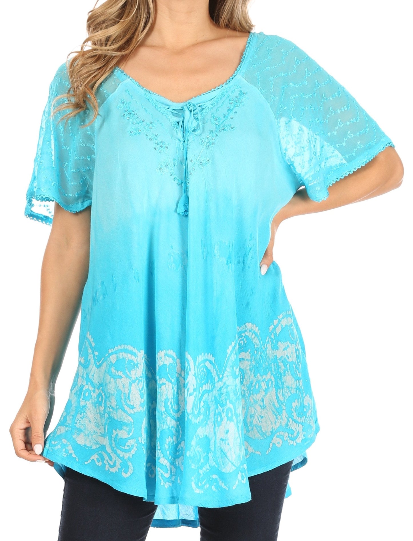 Sakkas Petra Women's Casual Loose Flared Corset Short Sleeve Lace Blouse Top Tunic - Concordia Style Boutique