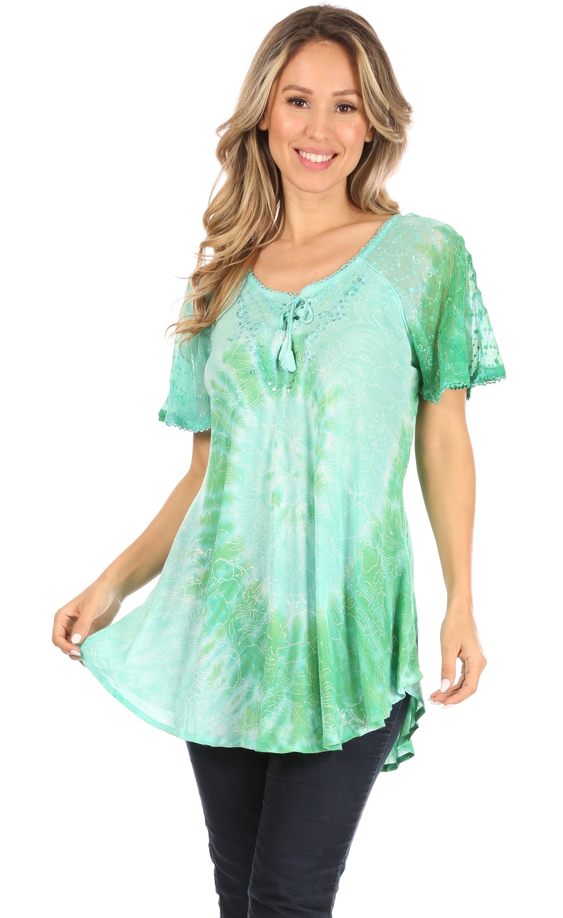 Sakkas Petra Women's Casual Loose Flared Corset Short Sleeve Lace Blouse Top Tunic - Concordia Style Boutique
