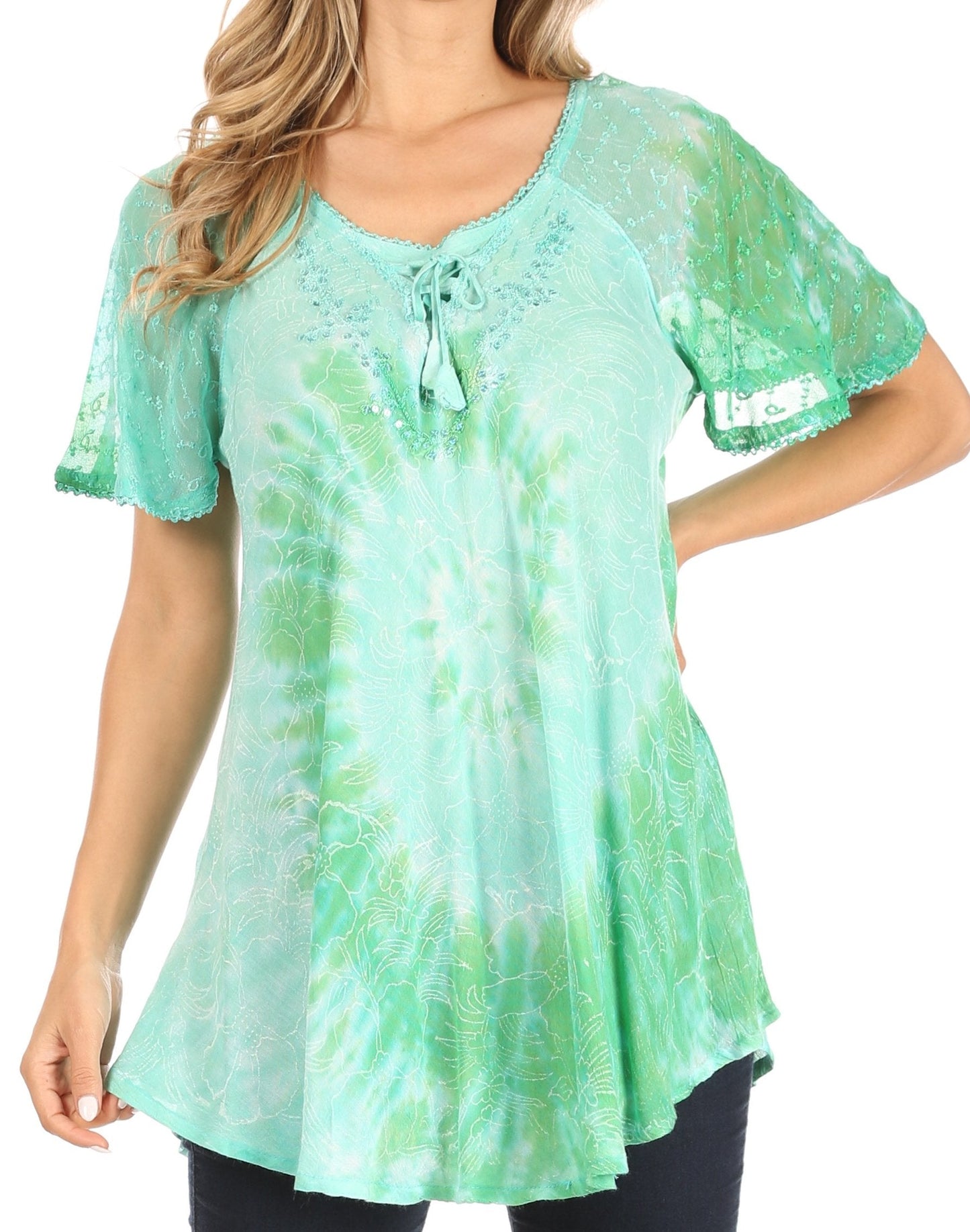Sakkas Petra Women's Casual Loose Flared Corset Short Sleeve Lace Blouse Top Tunic - Concordia Style Boutique