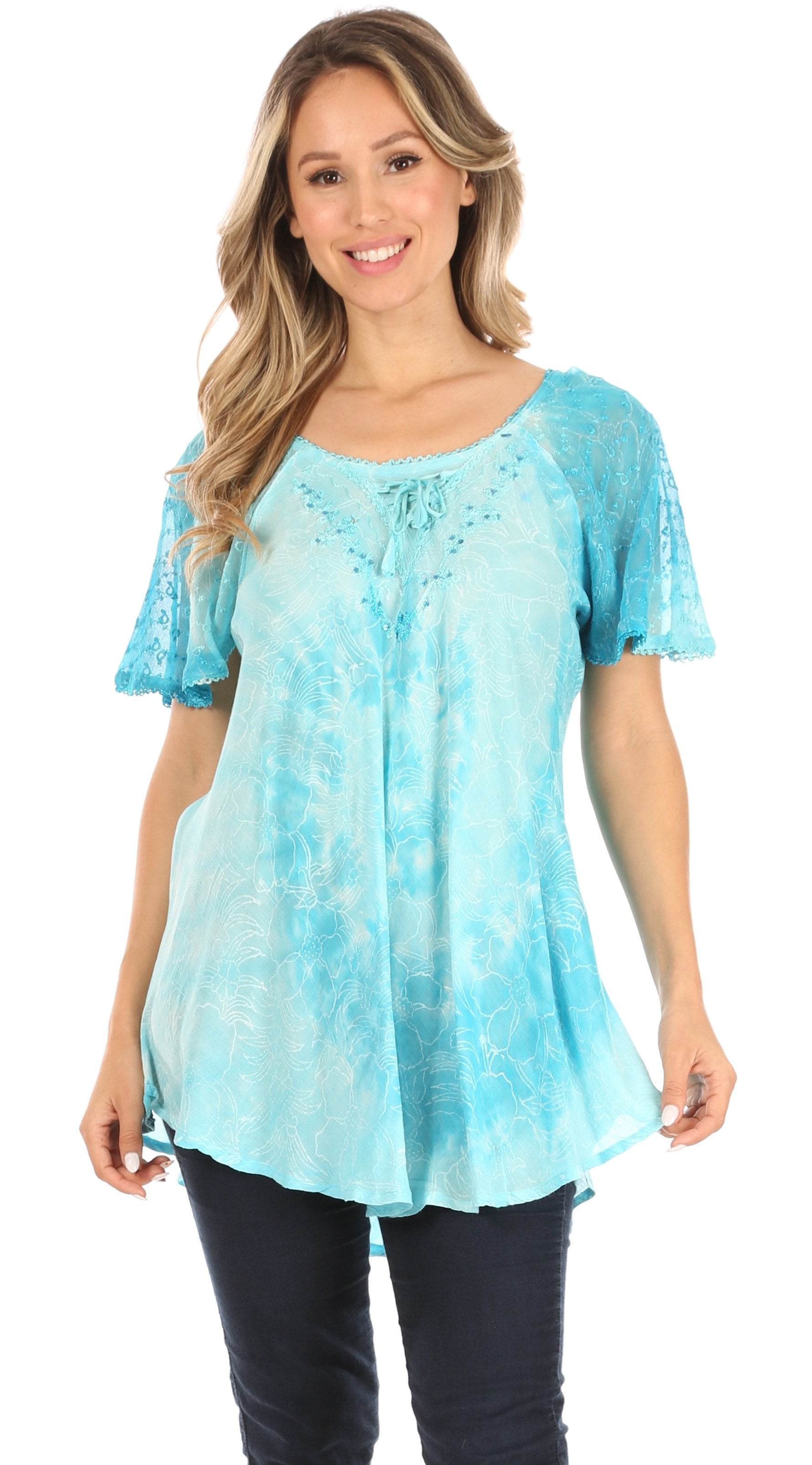 Sakkas Petra Women's Casual Loose Flared Corset Short Sleeve Lace Blouse Top Tunic - Concordia Style Boutique