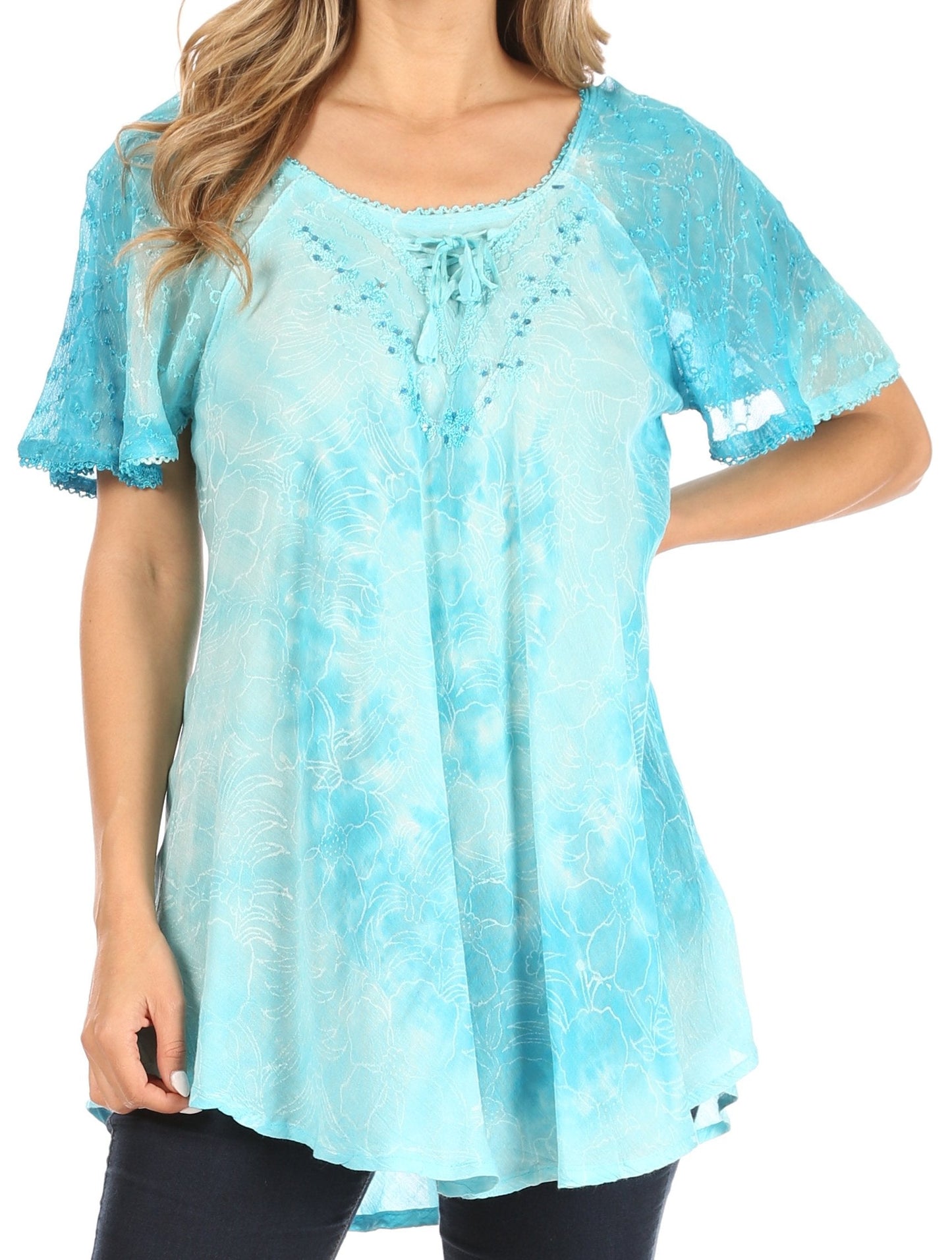 Sakkas Petra Women's Casual Loose Flared Corset Short Sleeve Lace Blouse Top Tunic - Concordia Style Boutique