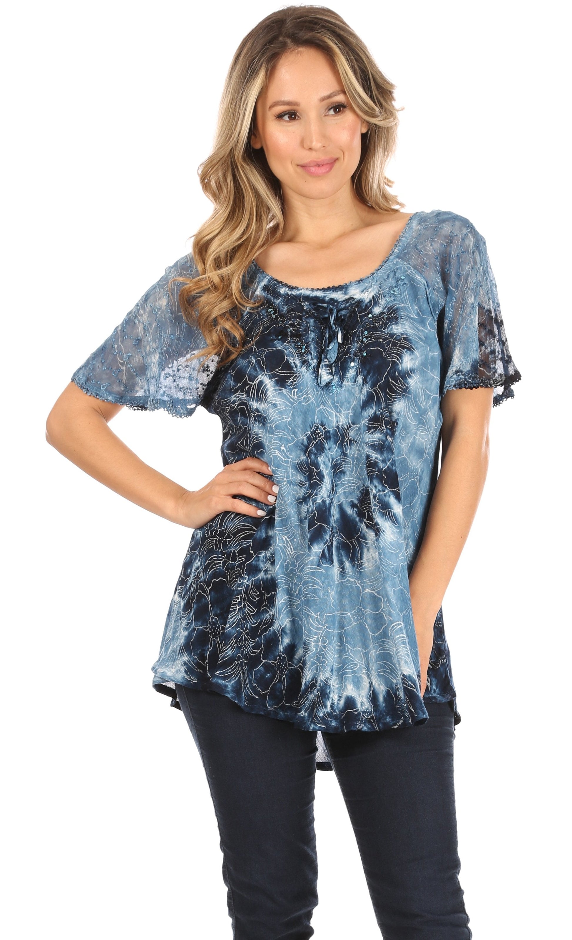 Sakkas Petra Women's Casual Loose Flared Corset Short Sleeve Lace Blouse Top Tunic - Concordia Style Boutique