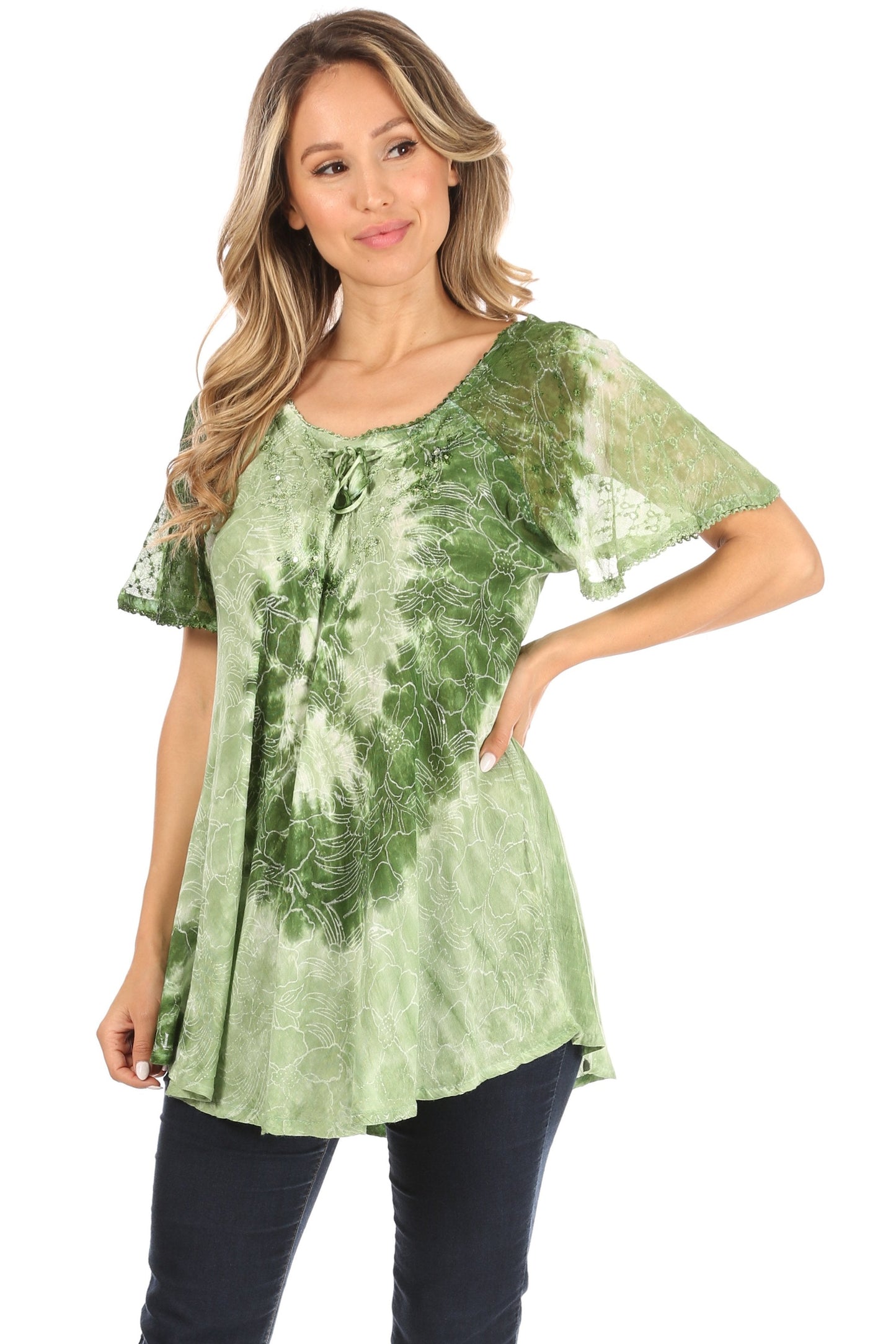Sakkas Petra Women's Casual Loose Flared Corset Short Sleeve Lace Blouse Top Tunic - Concordia Style Boutique