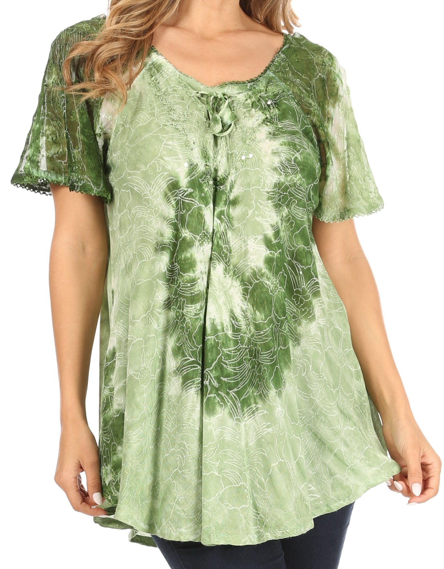 Sakkas Petra Women's Casual Loose Flared Corset Short Sleeve Lace Blouse Top Tunic - Concordia Style Boutique