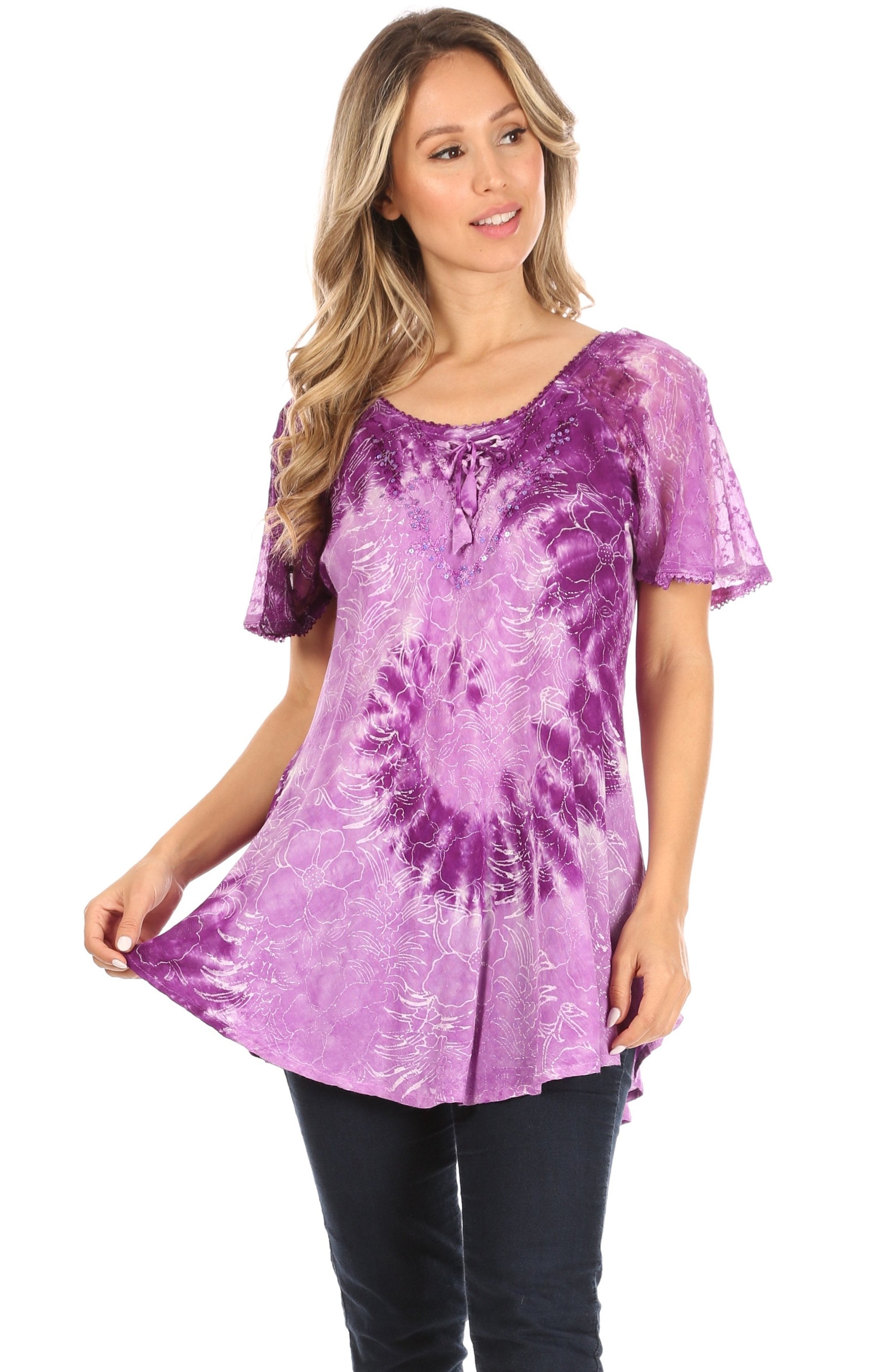 Sakkas Petra Women's Casual Loose Flared Corset Short Sleeve Lace Blouse Top Tunic - Concordia Style Boutique