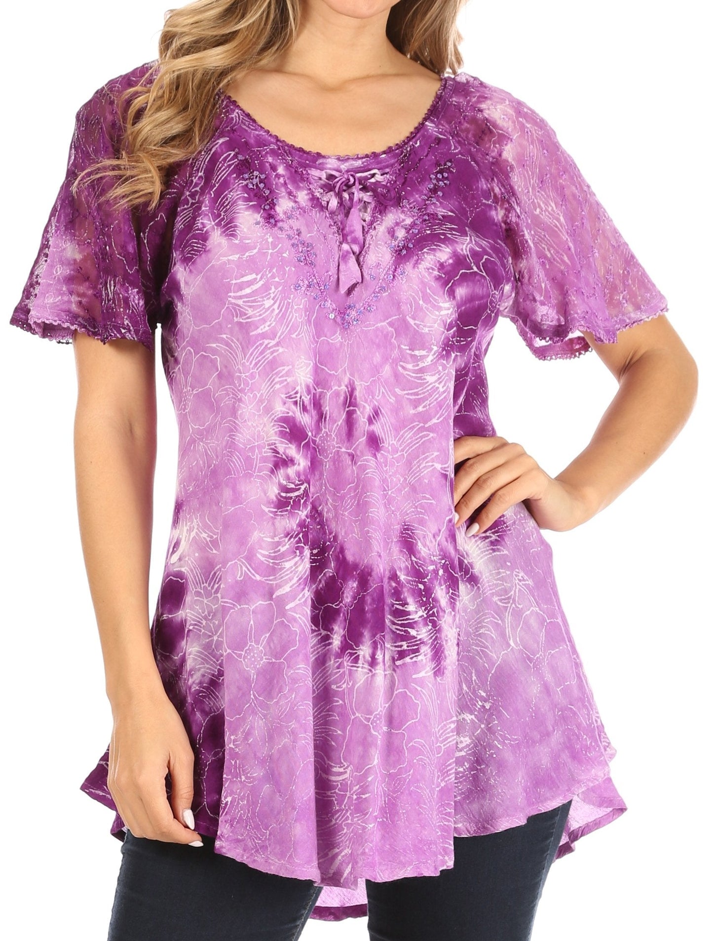 Sakkas Petra Women's Casual Loose Flared Corset Short Sleeve Lace Blouse Top Tunic - Concordia Style Boutique