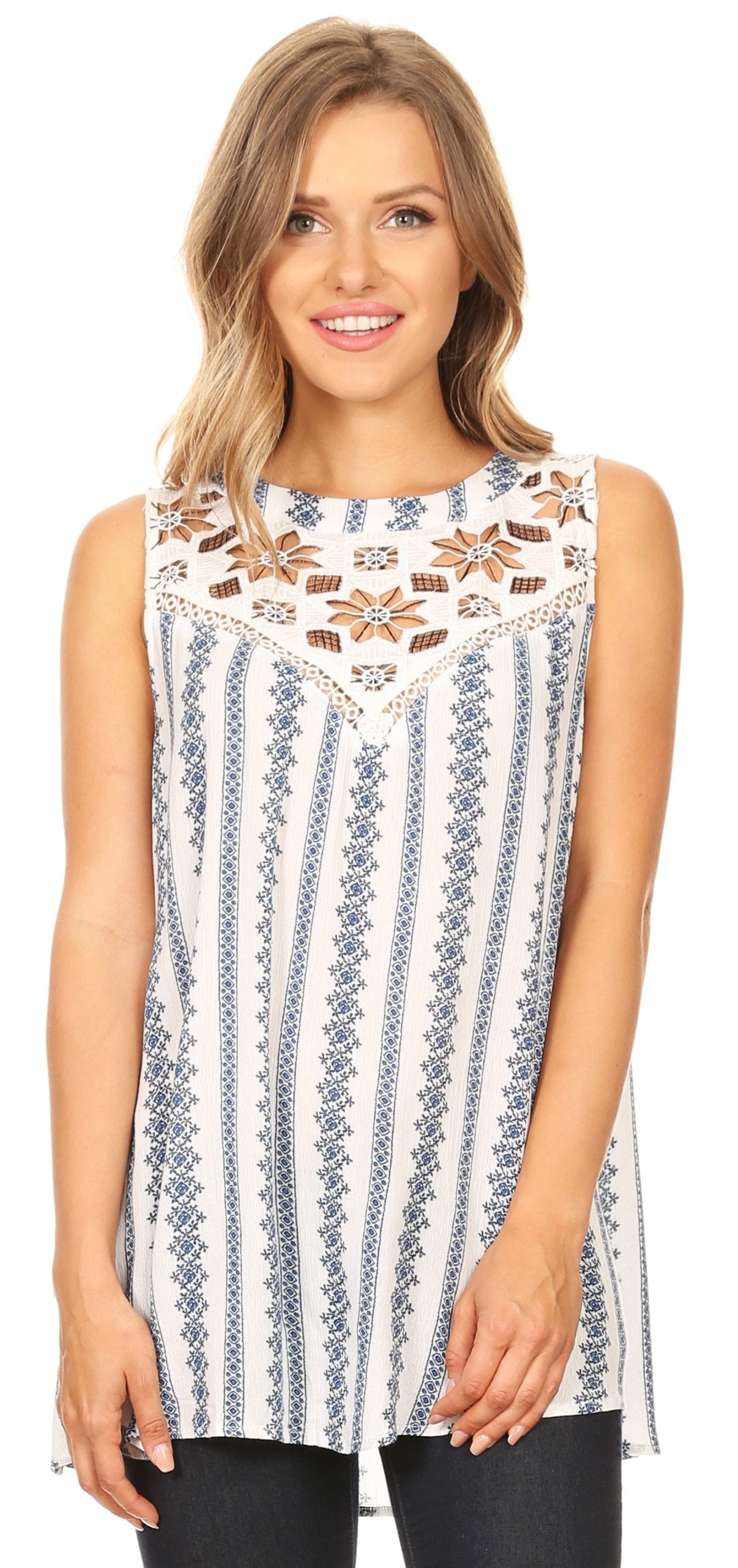 Sakkas Meli Corchet Lace Floral Stripe Tank with Keyhole Back - Concordia Style Boutique