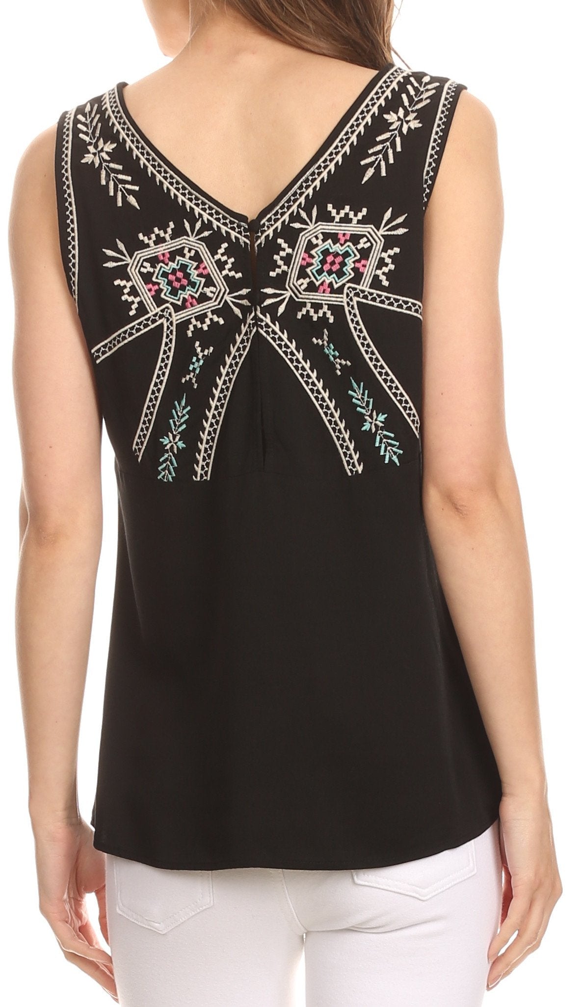 Sakkas Elita Sleeveless Tank Top Batik Aztec Embroidered Shirt Blouse - Concordia Style Boutique