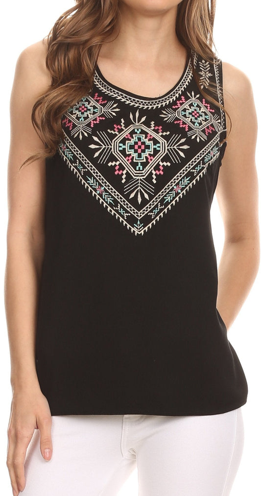 Sakkas Elita Sleeveless Tank Top Batik Aztec Embroidered Shirt Blouse - Concordia Style Boutique