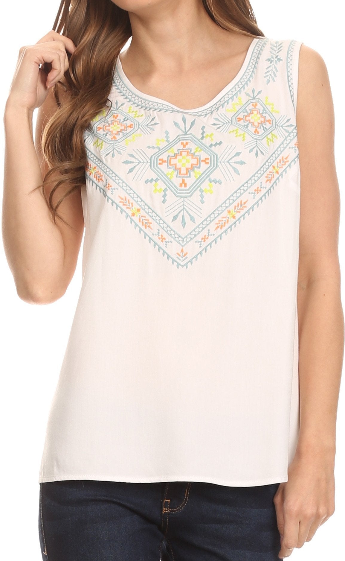 Sakkas Elita Sleeveless Tank Top Batik Aztec Embroidered Shirt Blouse - Concordia Style Boutique
