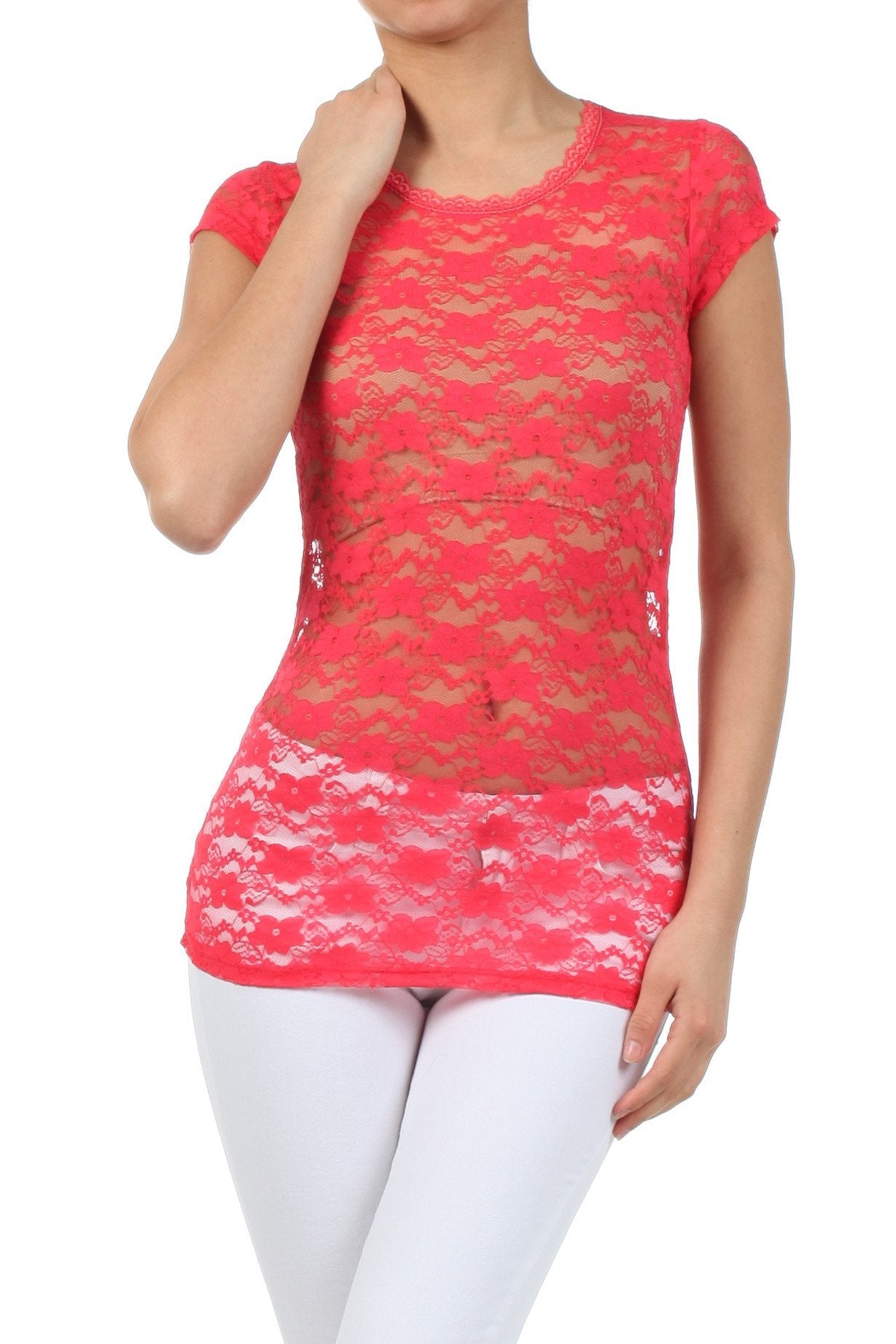 Sakkas Stretch Floral Lace Cap Sleeve Tunic Length Tee - Made in USA - Concordia Style Boutique