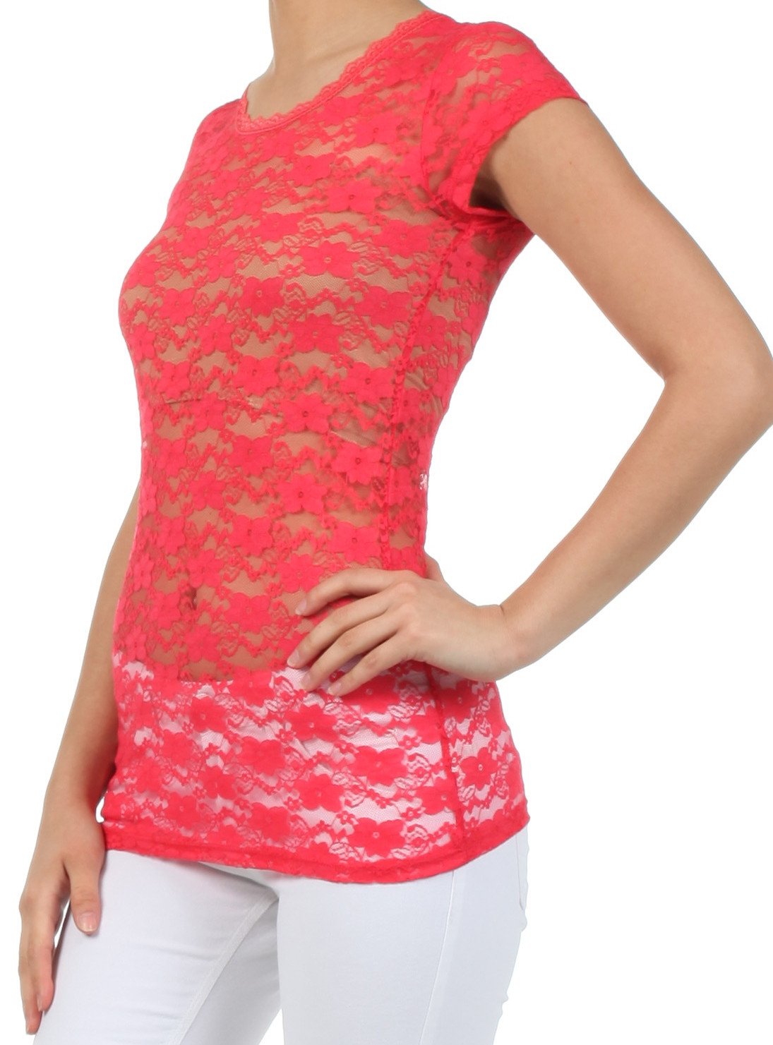 Sakkas Stretch Floral Lace Cap Sleeve Tunic Length Tee - Made in USA - Concordia Style Boutique