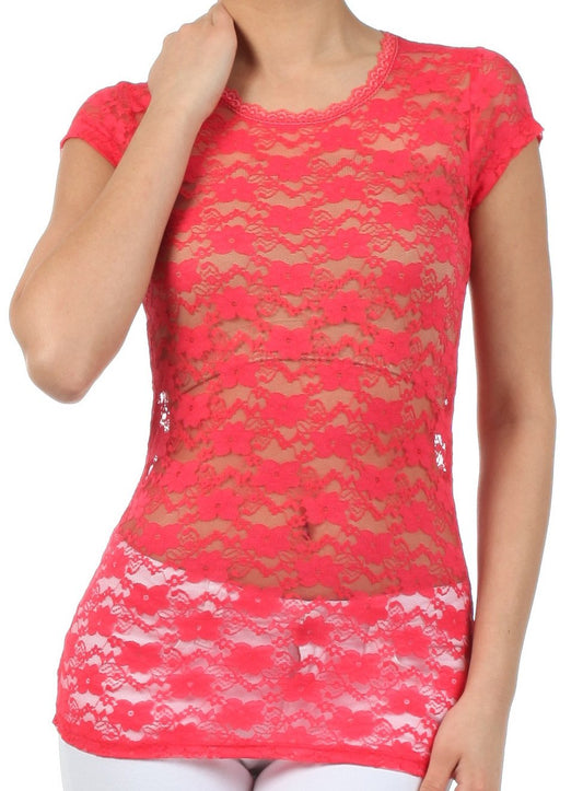 Sakkas Stretch Floral Lace Cap Sleeve Tunic Length Tee - Made in USA - Concordia Style Boutique
