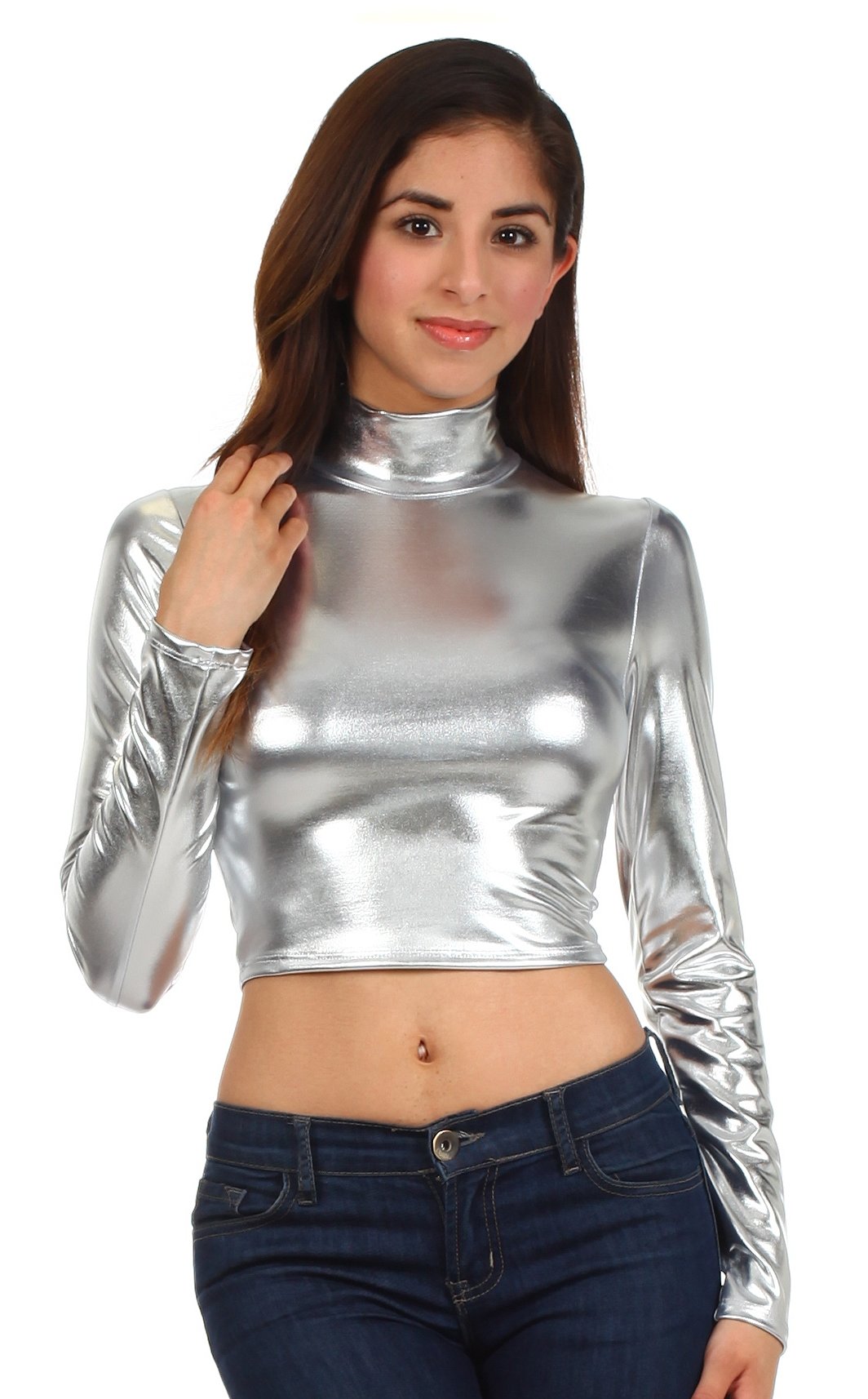 Sakkas Metallic Liquid Mock Neck Turtleneck Long Sleeve Crop Top - Made in USA - Concordia Style Boutique