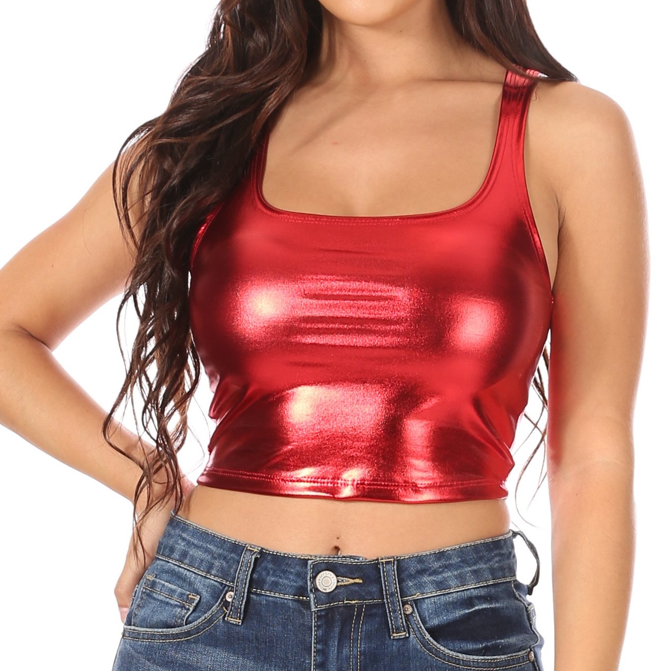 Sakkas Women's Stretchy Sleeveless Liquid Metallic Club Crop Tank Top Made in USA - Concordia Style Boutique