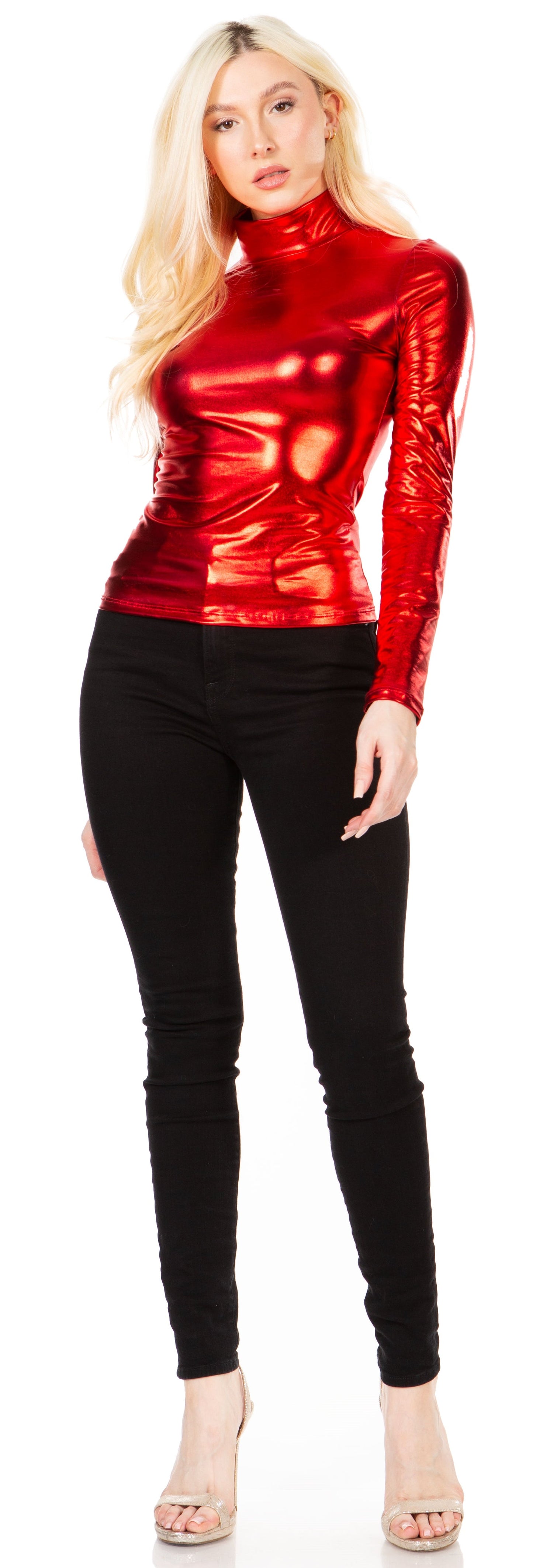 Sakkas Metallic Liquid Mock Neck Turtleneck Long Sleeve Top - Made in USA - Concordia Style Boutique